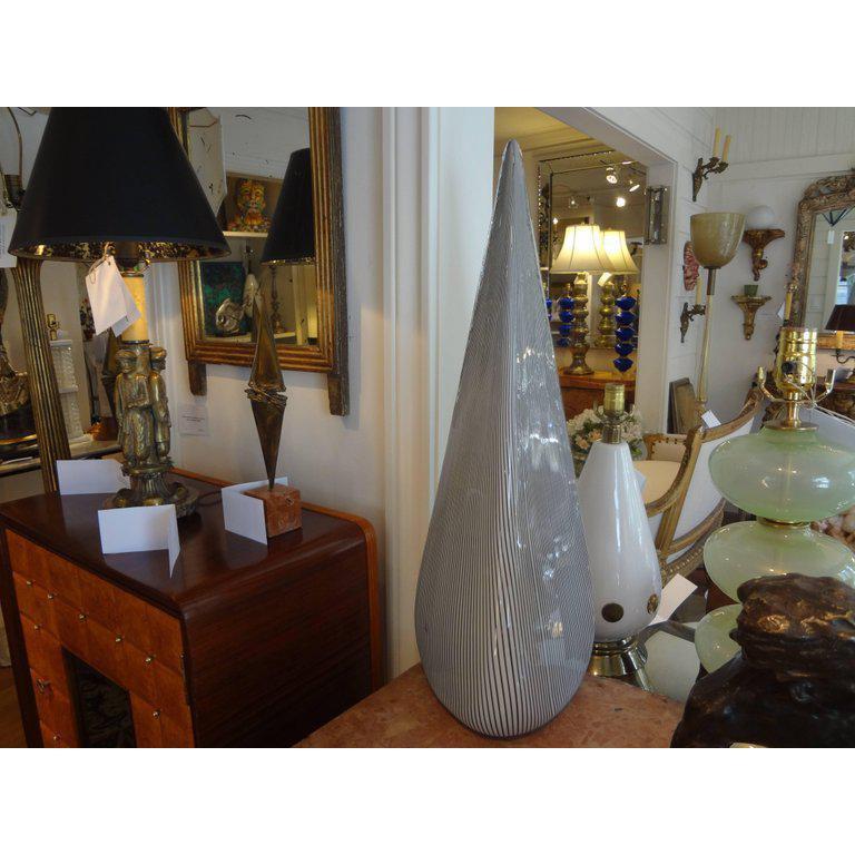 Pair of black and white Murano glass lamps by Vetri.
Large pair of postmodern Murano glass pyramid or triangular shaped lamps. This unusual and rare pair of Italian lamps was manufactured by Vetri, Murano in the 1970s. These Venetian glass table