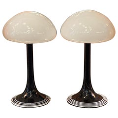 Pair of Black and White Mushroom Murano Glass Table Lamps 1970s
