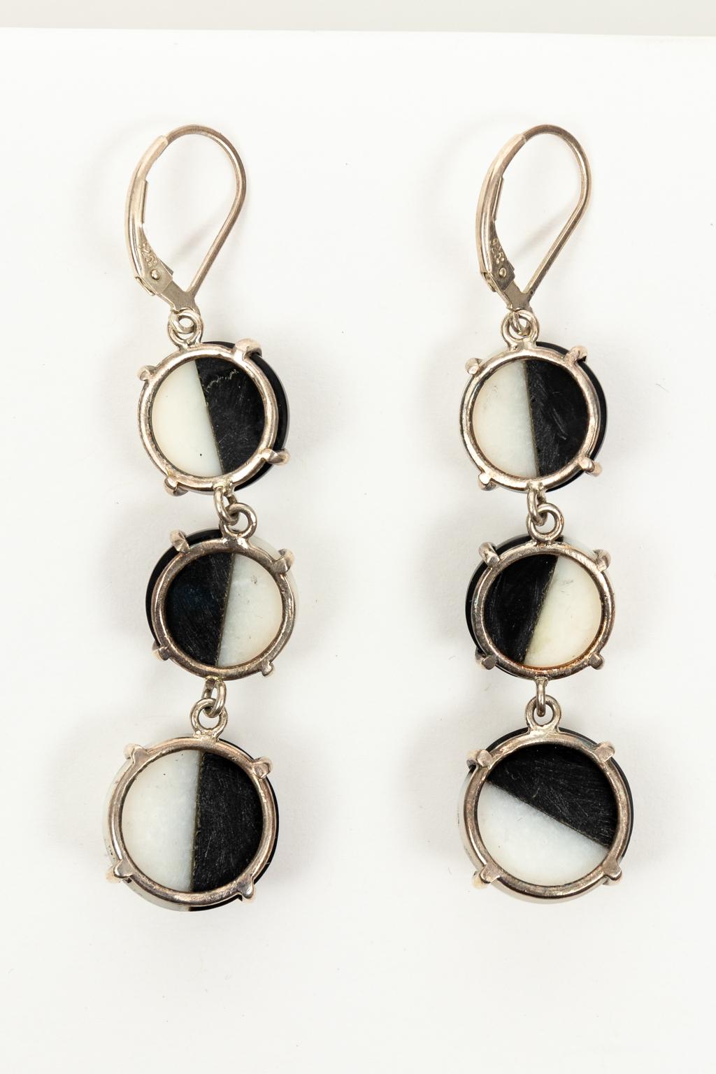 Pair of Black and White Onyx Split Cabochon Disc Earrings Titled 