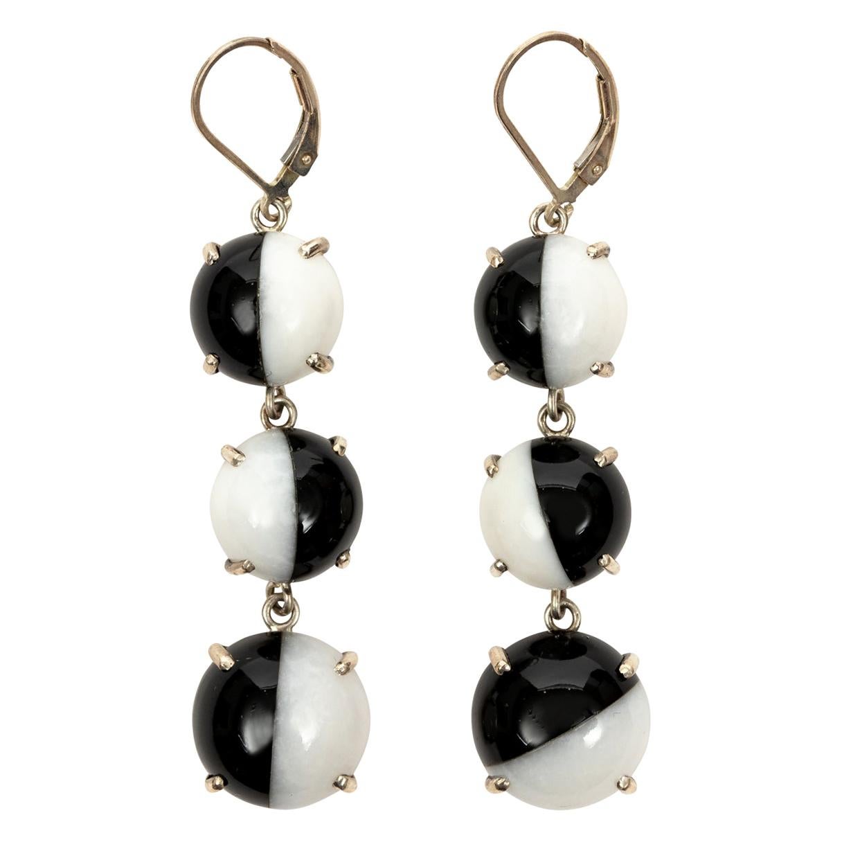 Pair of Black and White Onyx Split Cabochon Disc Earrings Titled "Black n' White For Sale