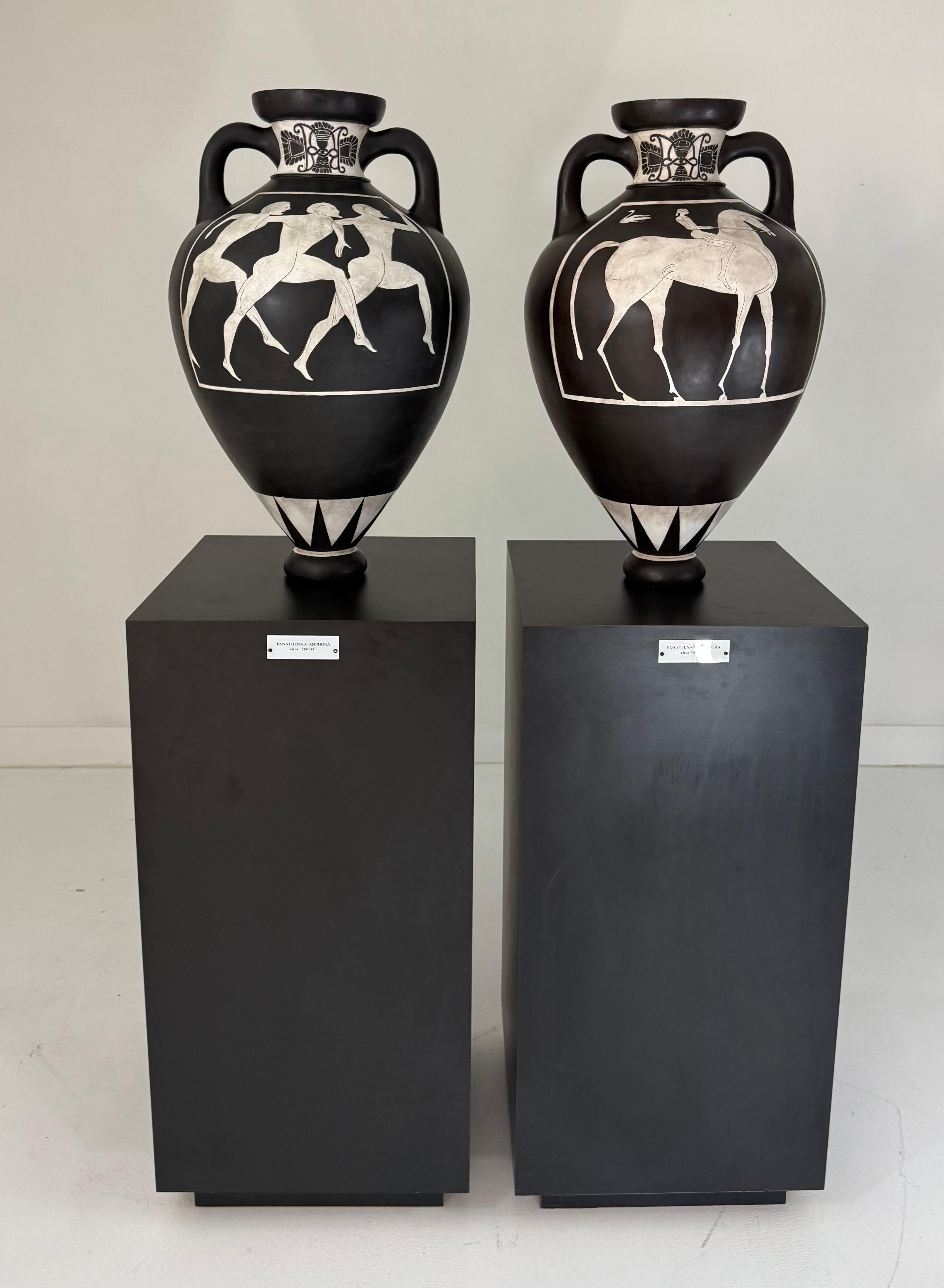 Classical Greek Pair of Black and White Panathenaic-Style Amphoras on Custom Bases For Sale