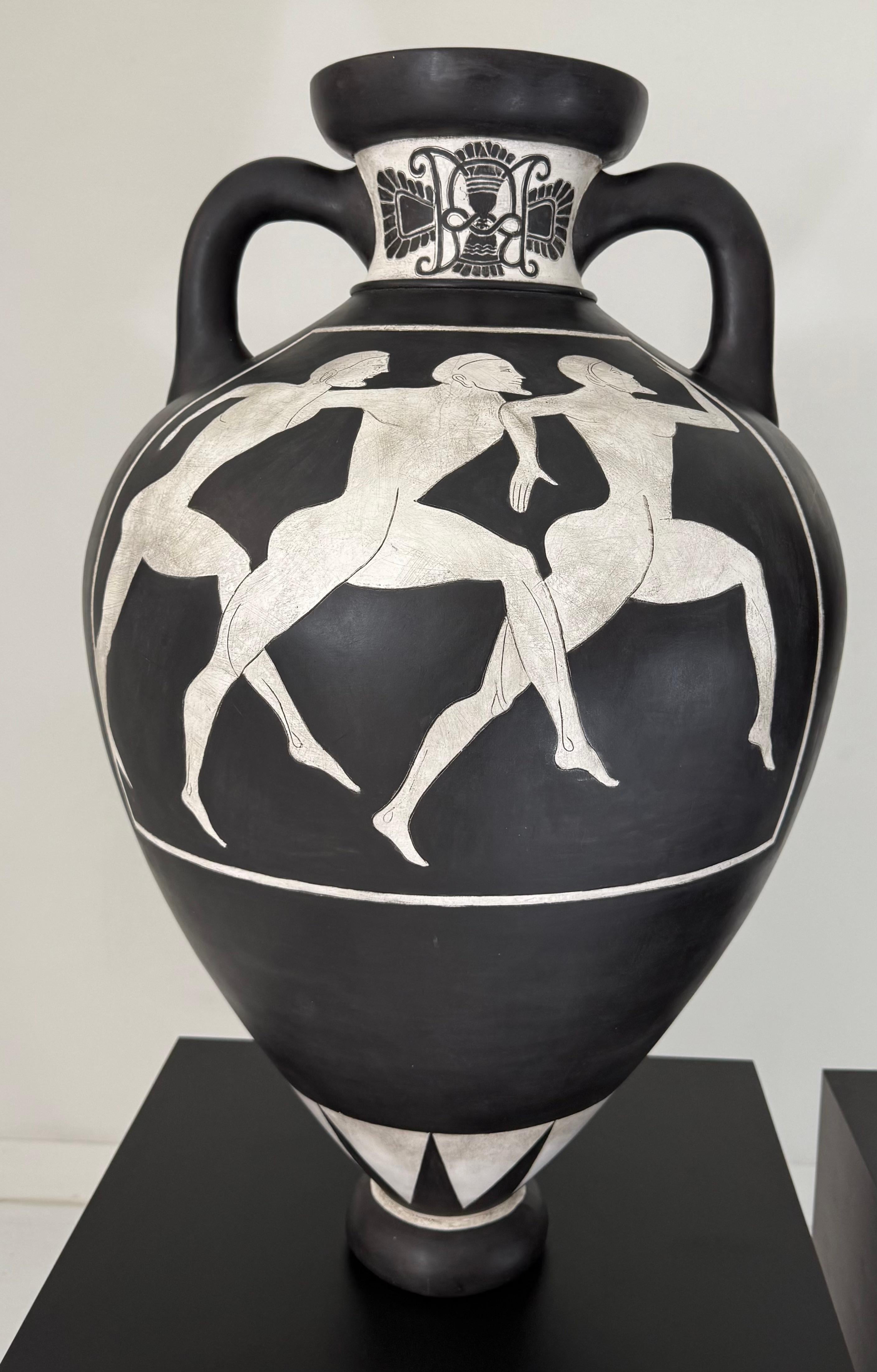 American Pair of Black and White Panathenaic-Style Amphoras on Custom Bases For Sale