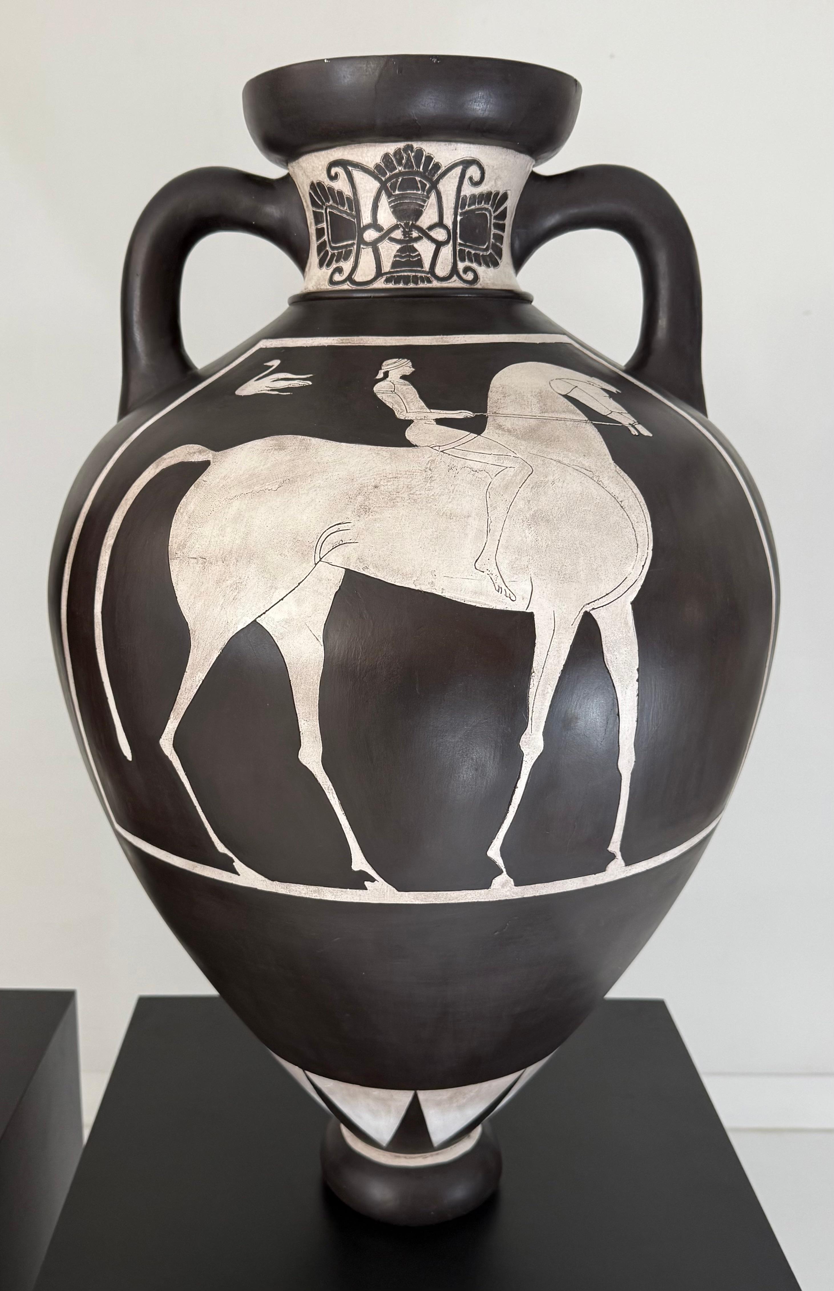 Hand-Painted Pair of Black and White Panathenaic-Style Amphoras on Custom Bases For Sale