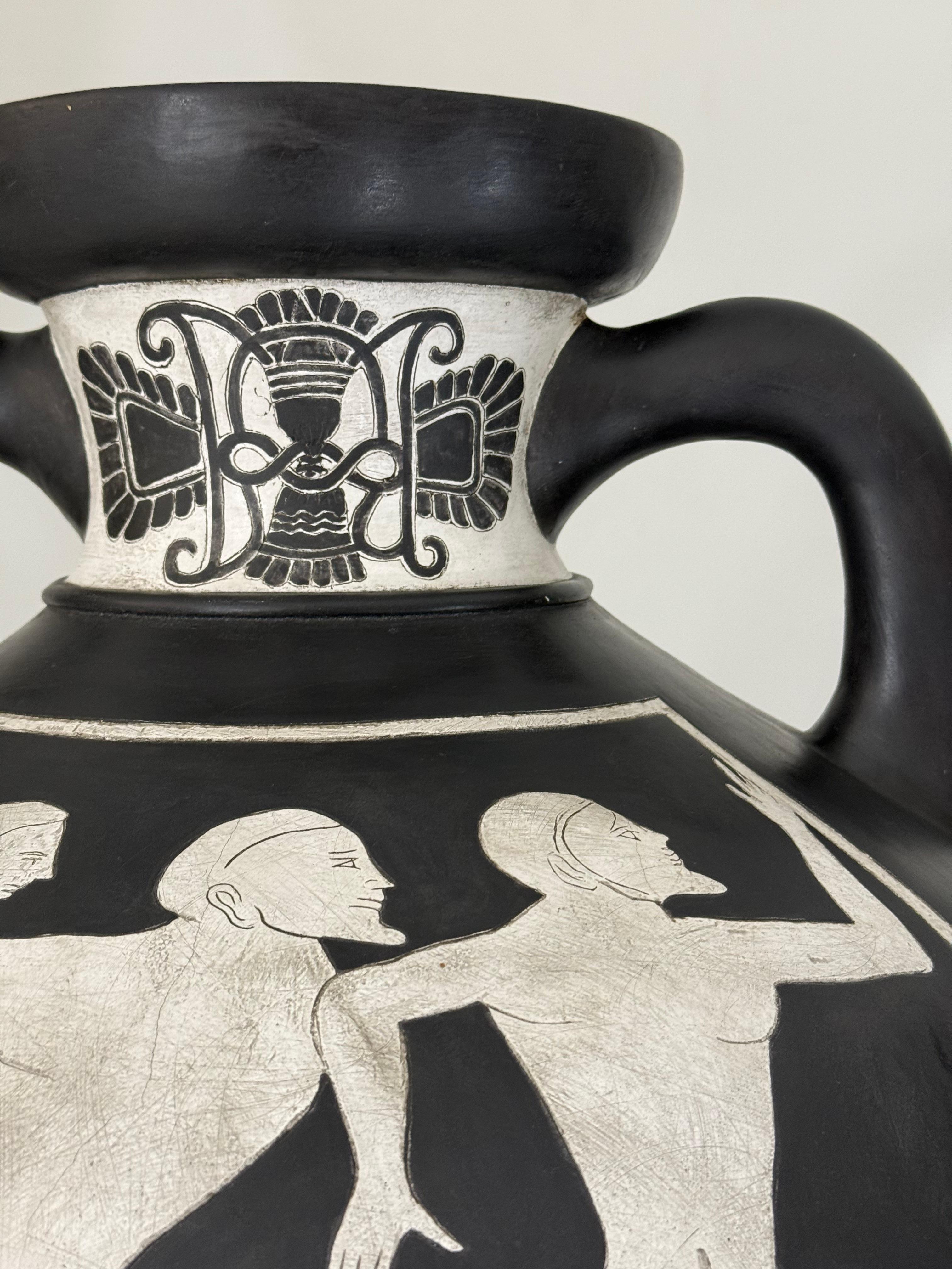 Pair of Black and White Panathenaic-Style Amphoras on Custom Bases In Good Condition For Sale In Palm Desert, CA