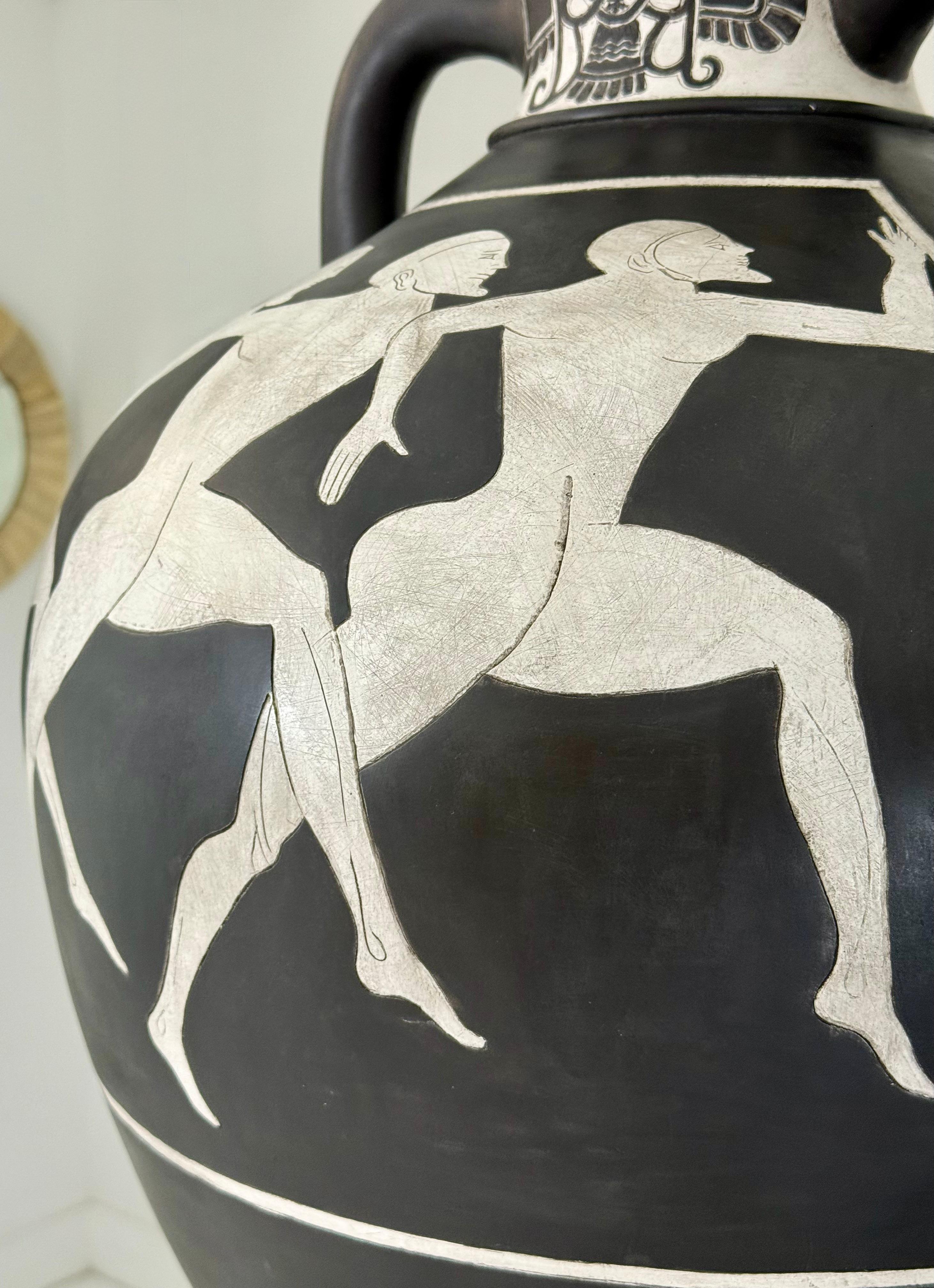 Contemporary Pair of Black and White Panathenaic-Style Amphoras on Custom Bases For Sale