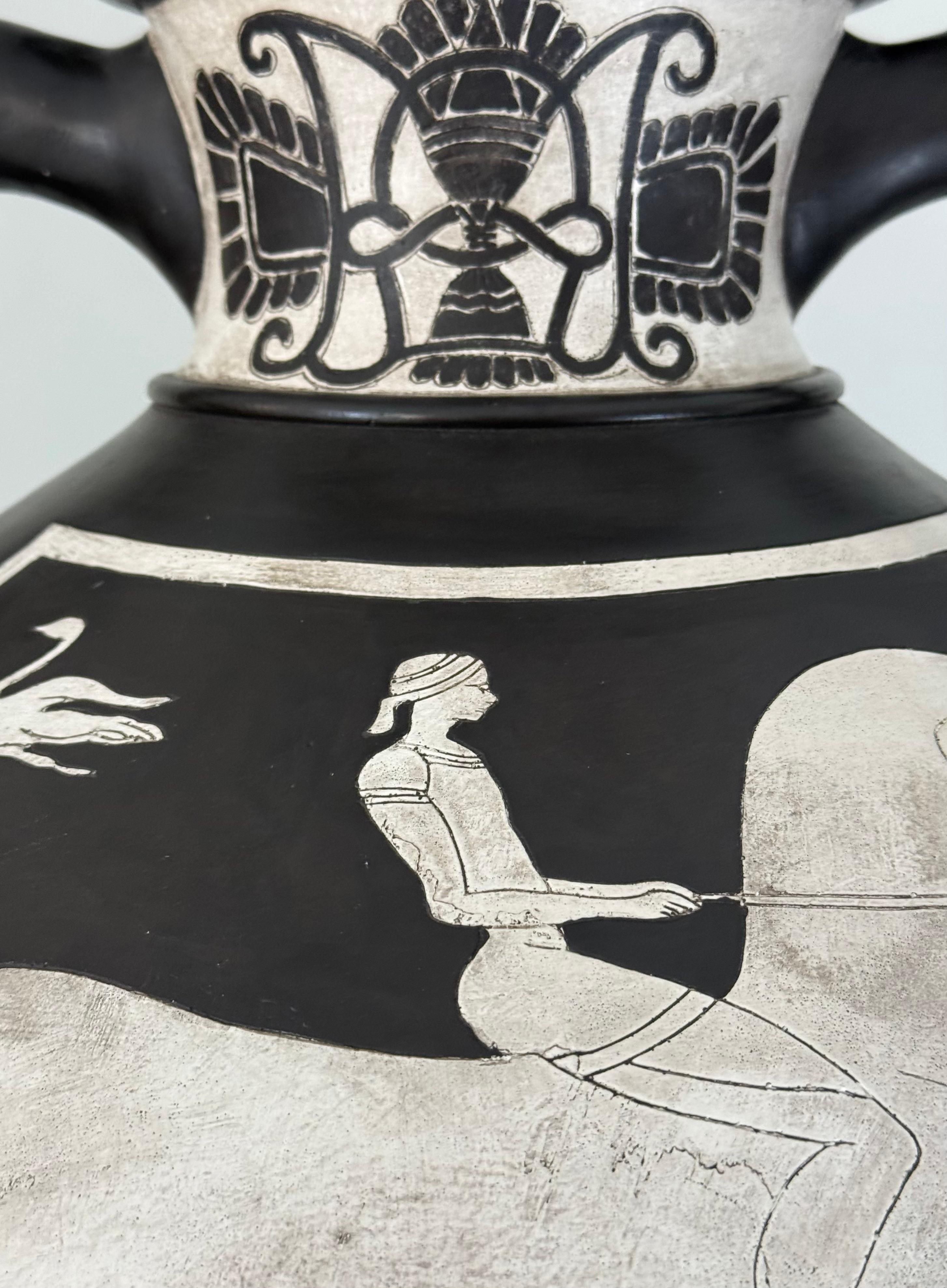 Clay Pair of Black and White Panathenaic-Style Amphoras on Custom Bases For Sale