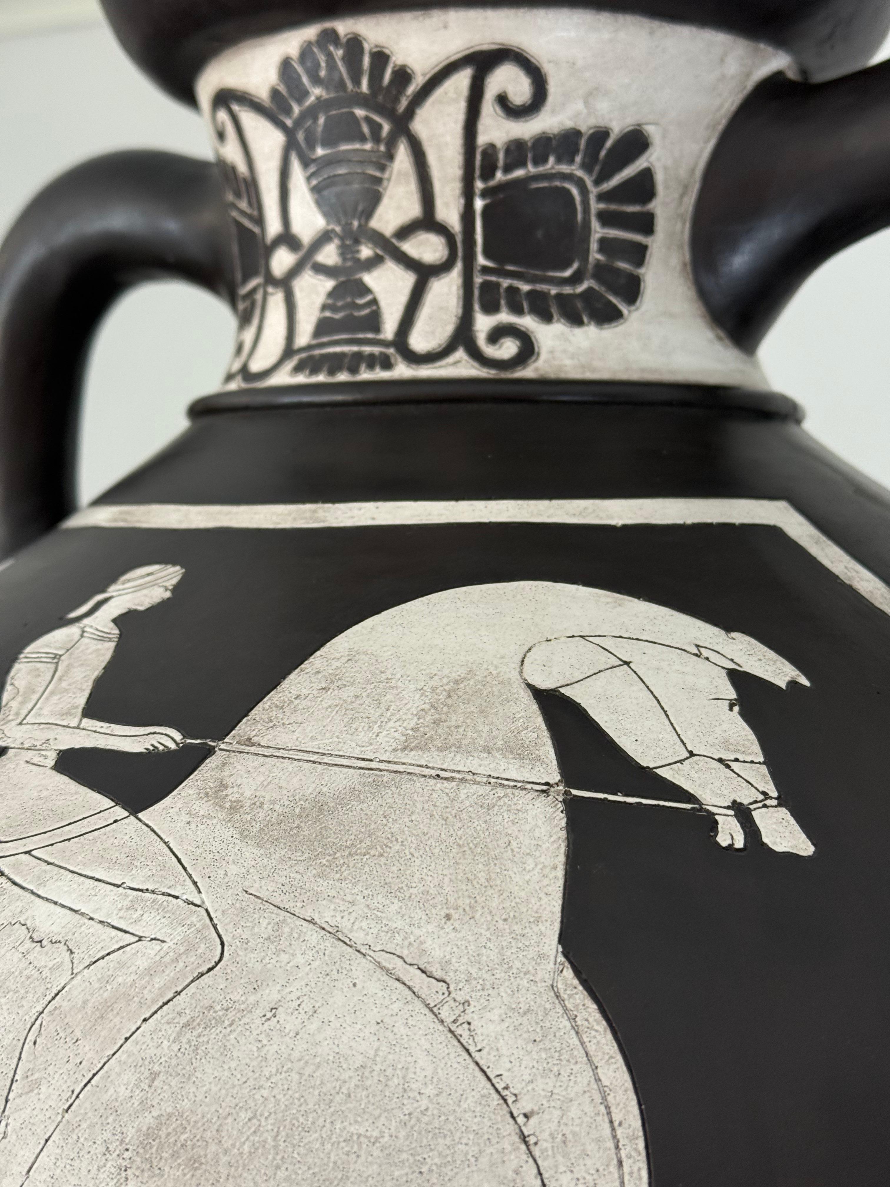 Pair of Black and White Panathenaic-Style Amphoras on Custom Bases For Sale 1