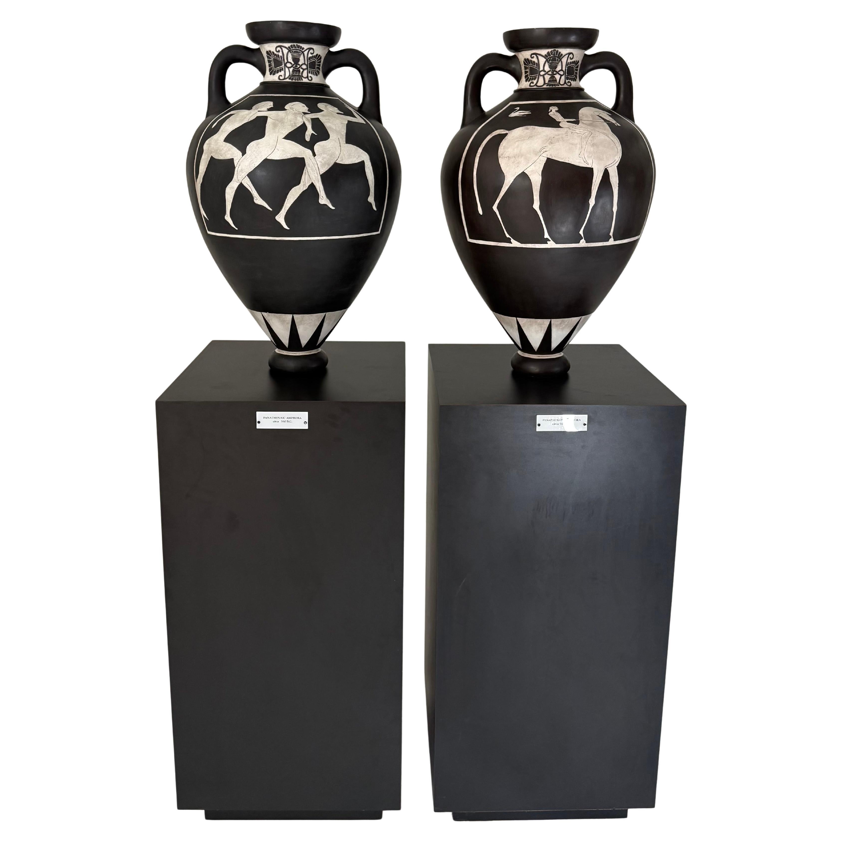 Pair of Black and White Panathenaic-Style Amphoras on Custom Bases For Sale