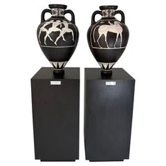Pair of Black and White Panathenaic-Style Amphoras on Custom Bases