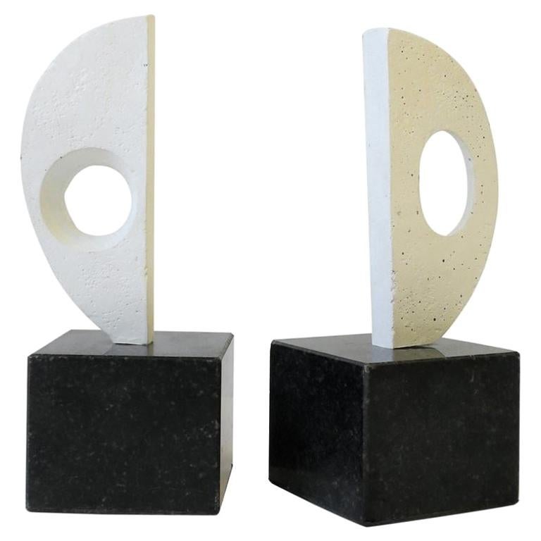 Black and White Plaster Abstract Sculptures or Bookends on Marble Bases