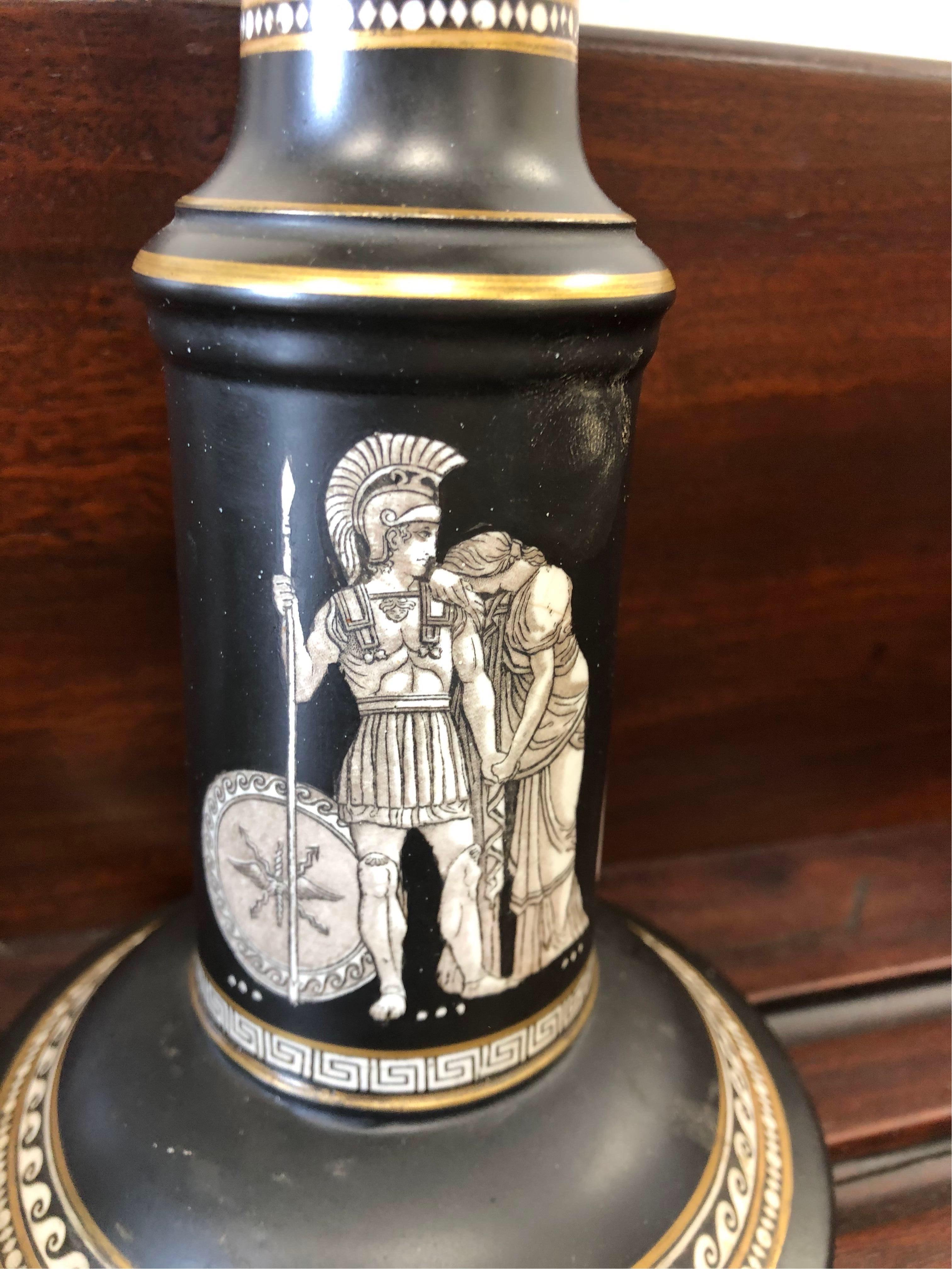 Neoclassical Pair of Black and White Prattware Candlesticks