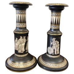 Pair of Black and White Prattware Candlesticks