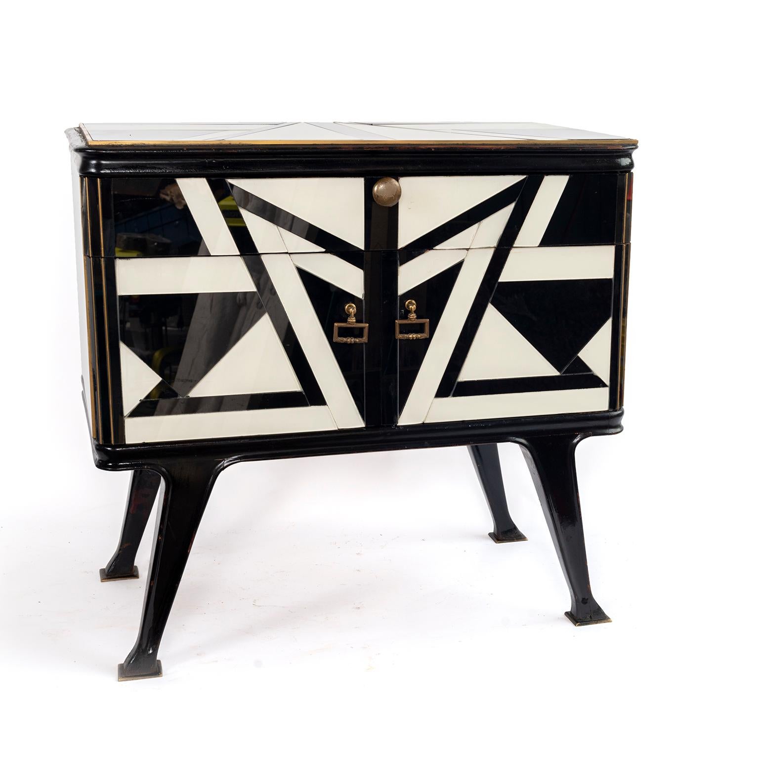 A pair of black and white, opaline and wood site tables or nightstands with a top drawer and a cabinet below. Would look good in the living room or bedroom!