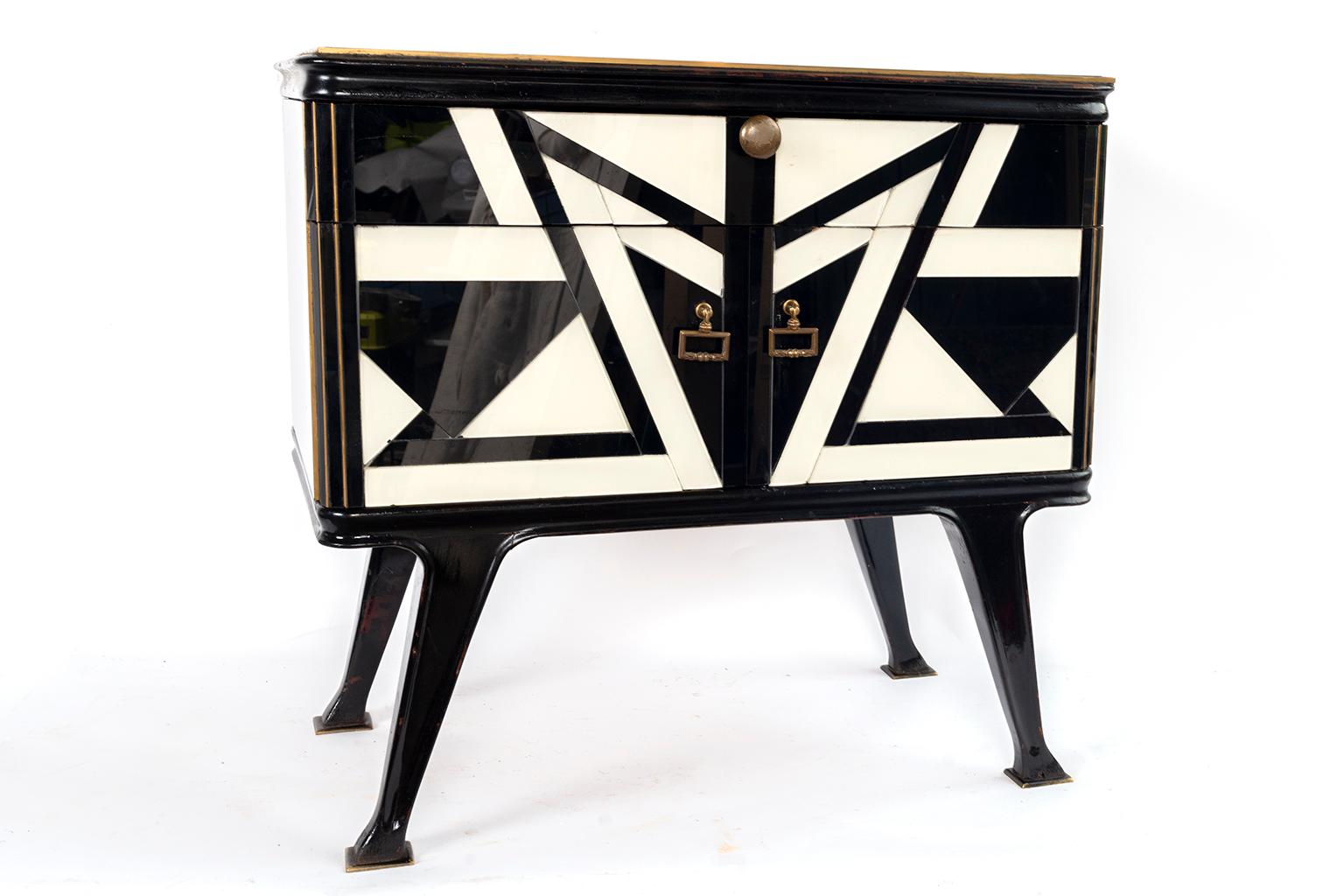 French Pair of Black and White Side Tables with a Top Drawer