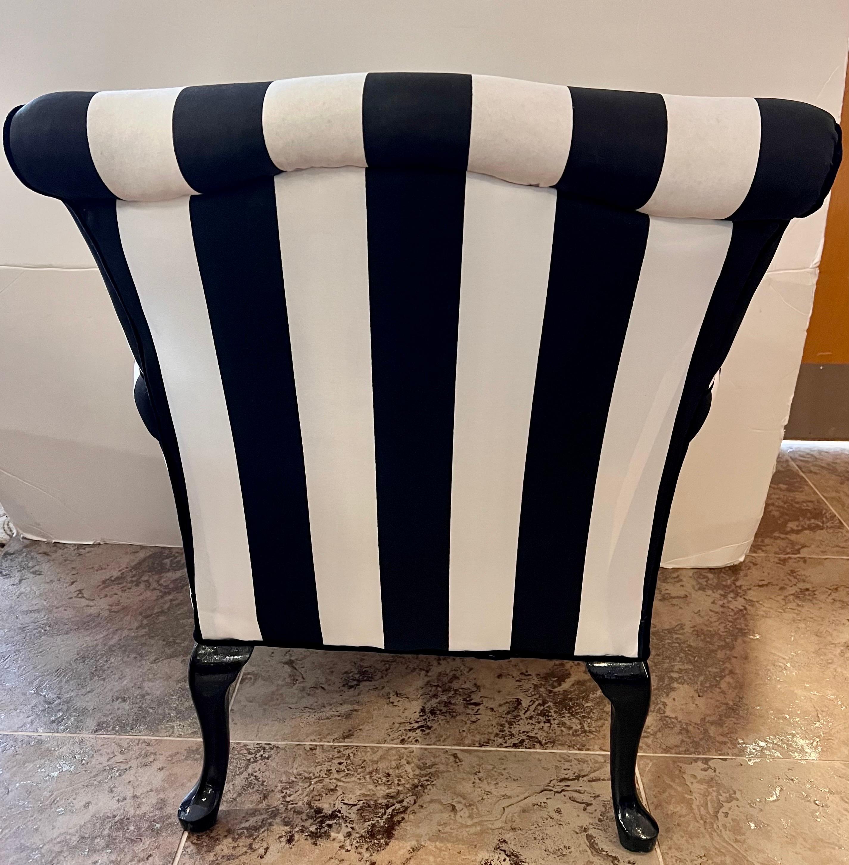 French Pair of Black and White Striped Carved Lounge Chairs Armchairs Bergeres