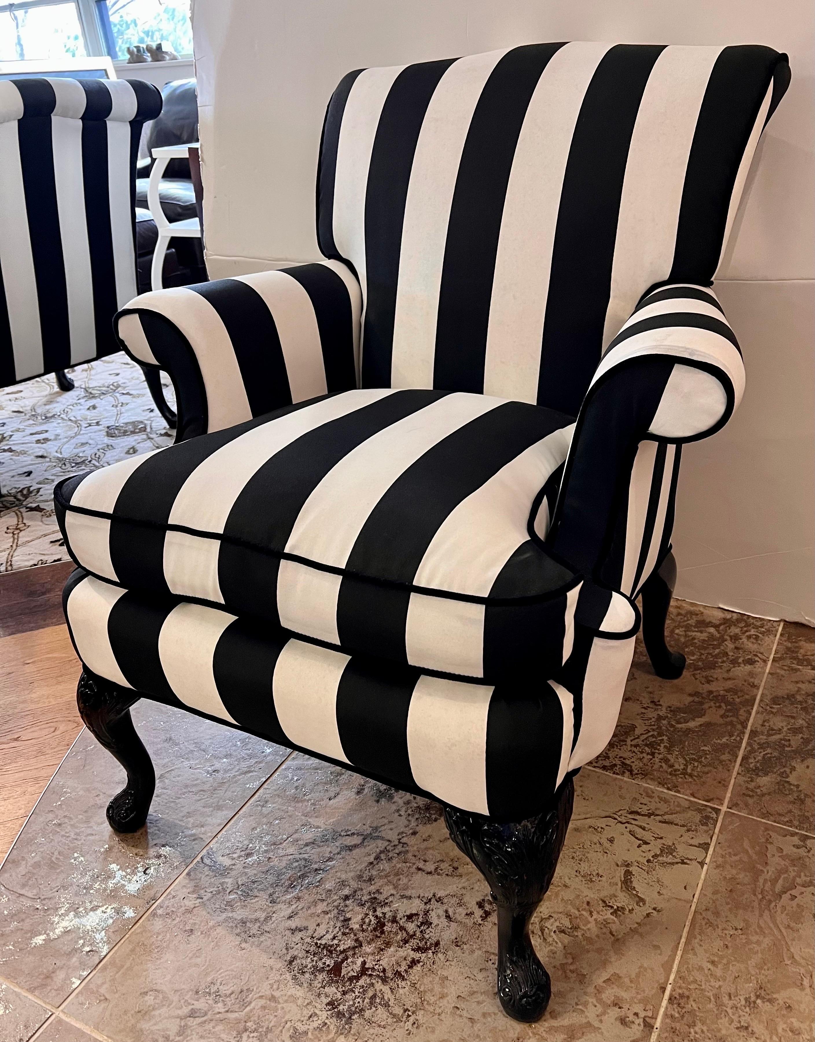 Fabric Pair of Black and White Striped Carved Lounge Chairs Armchairs Bergeres