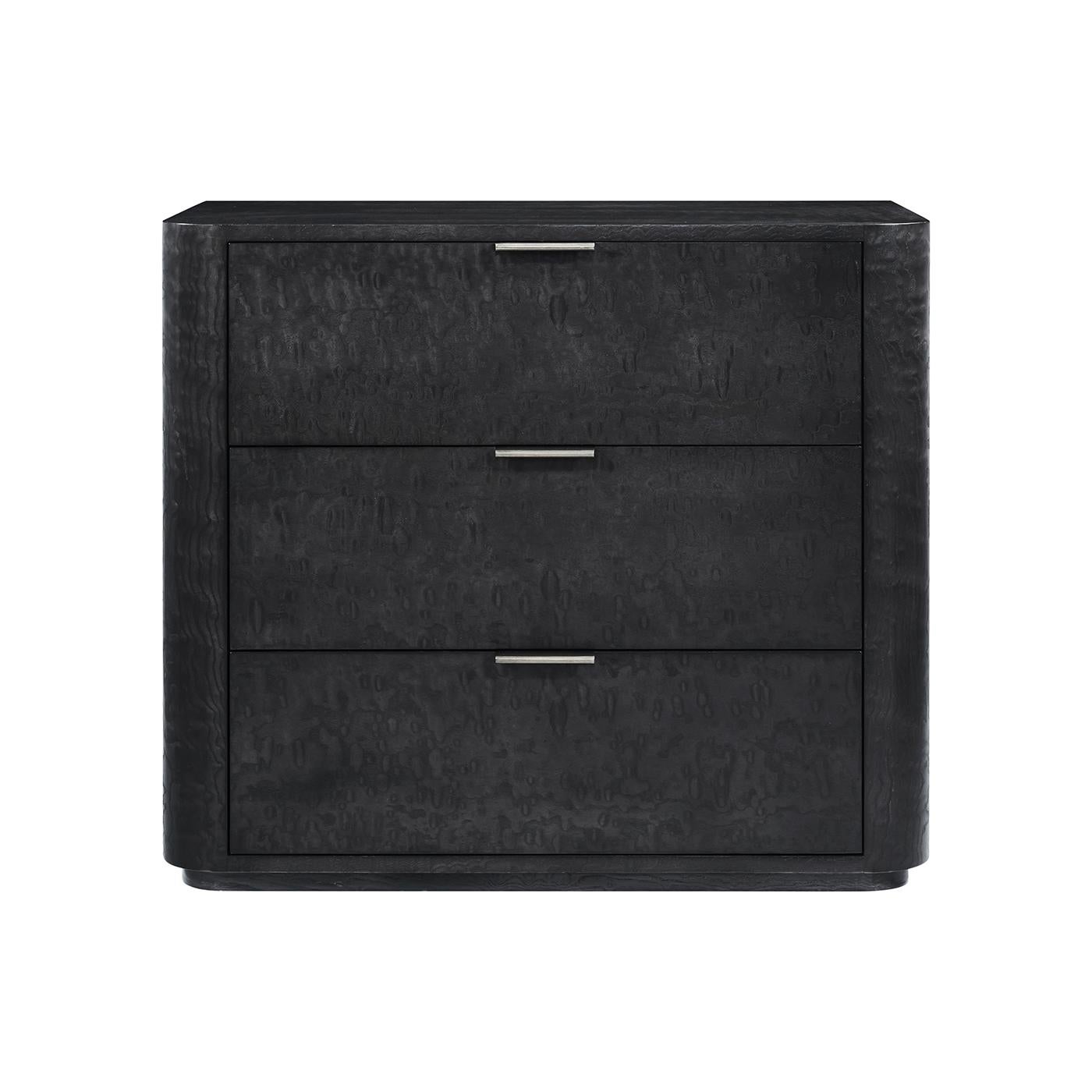 Contemporary Pair of Black Art Deco 3 Drawer Nightstands For Sale