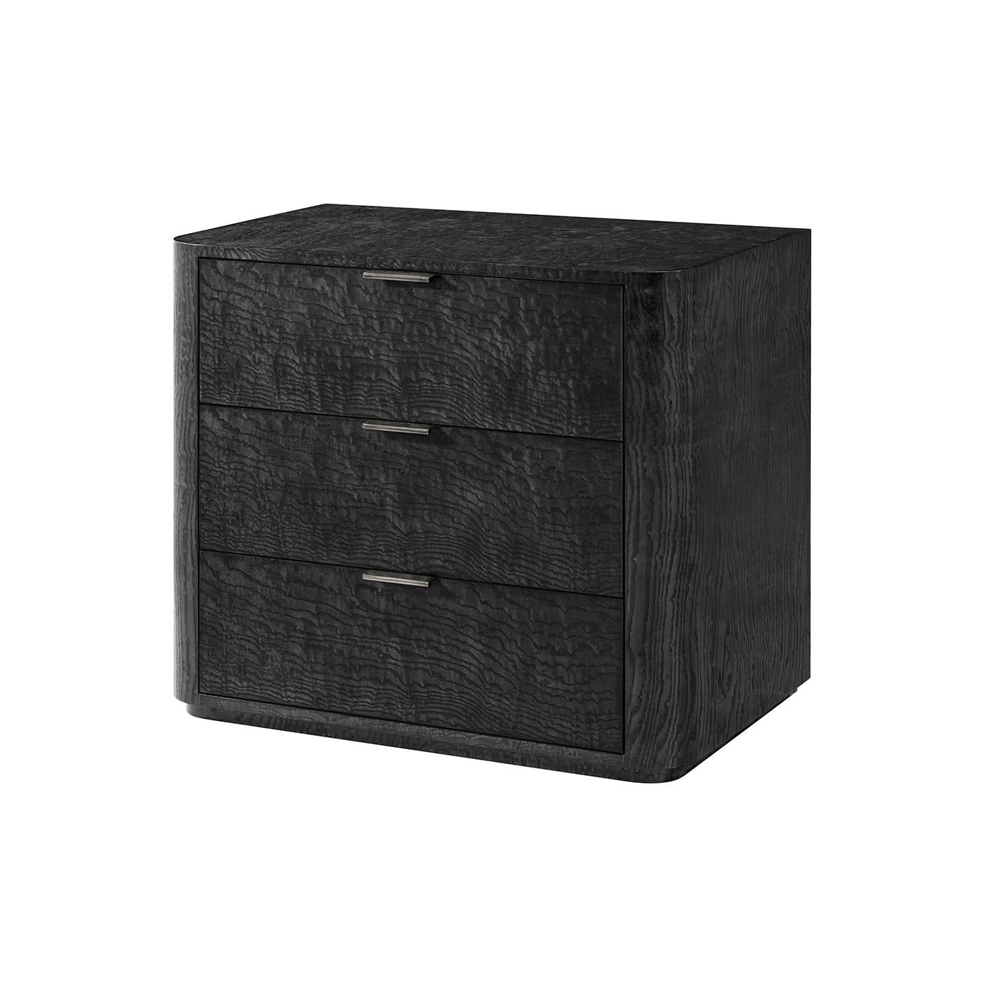 Wood Pair of Black Art Deco 3 Drawer Nightstands For Sale