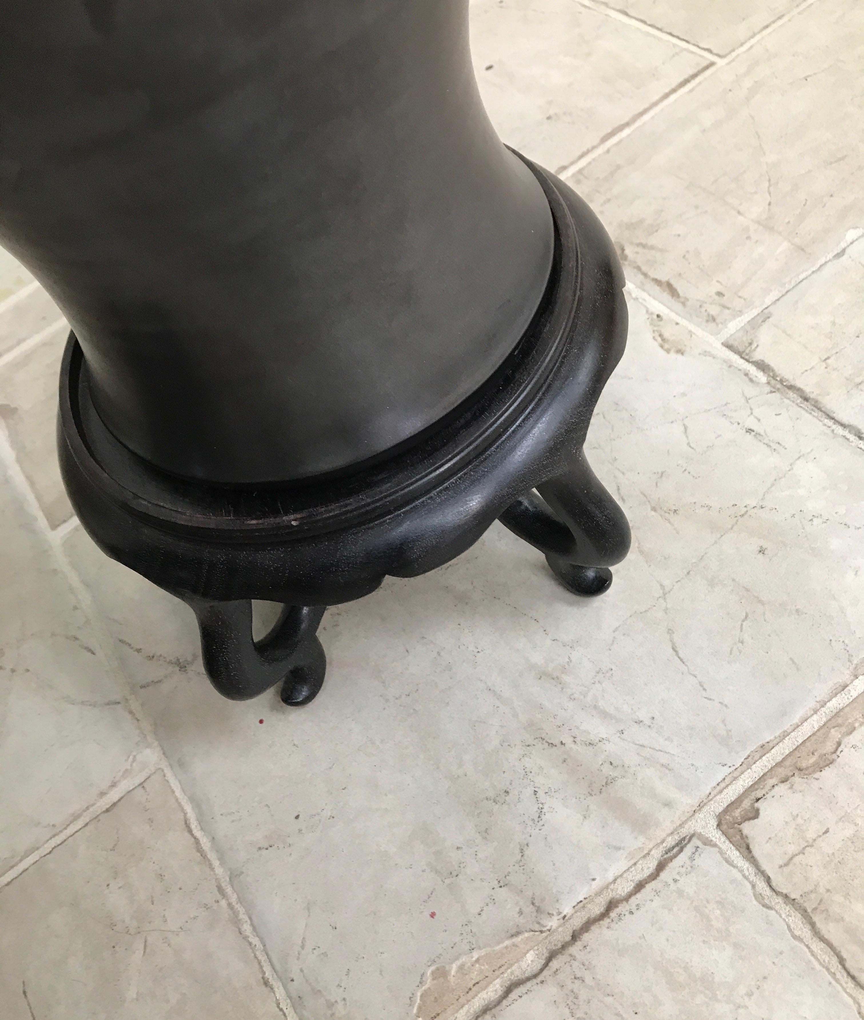 Chinese Pair of Black Basalt Temple Vases on Wood Stands