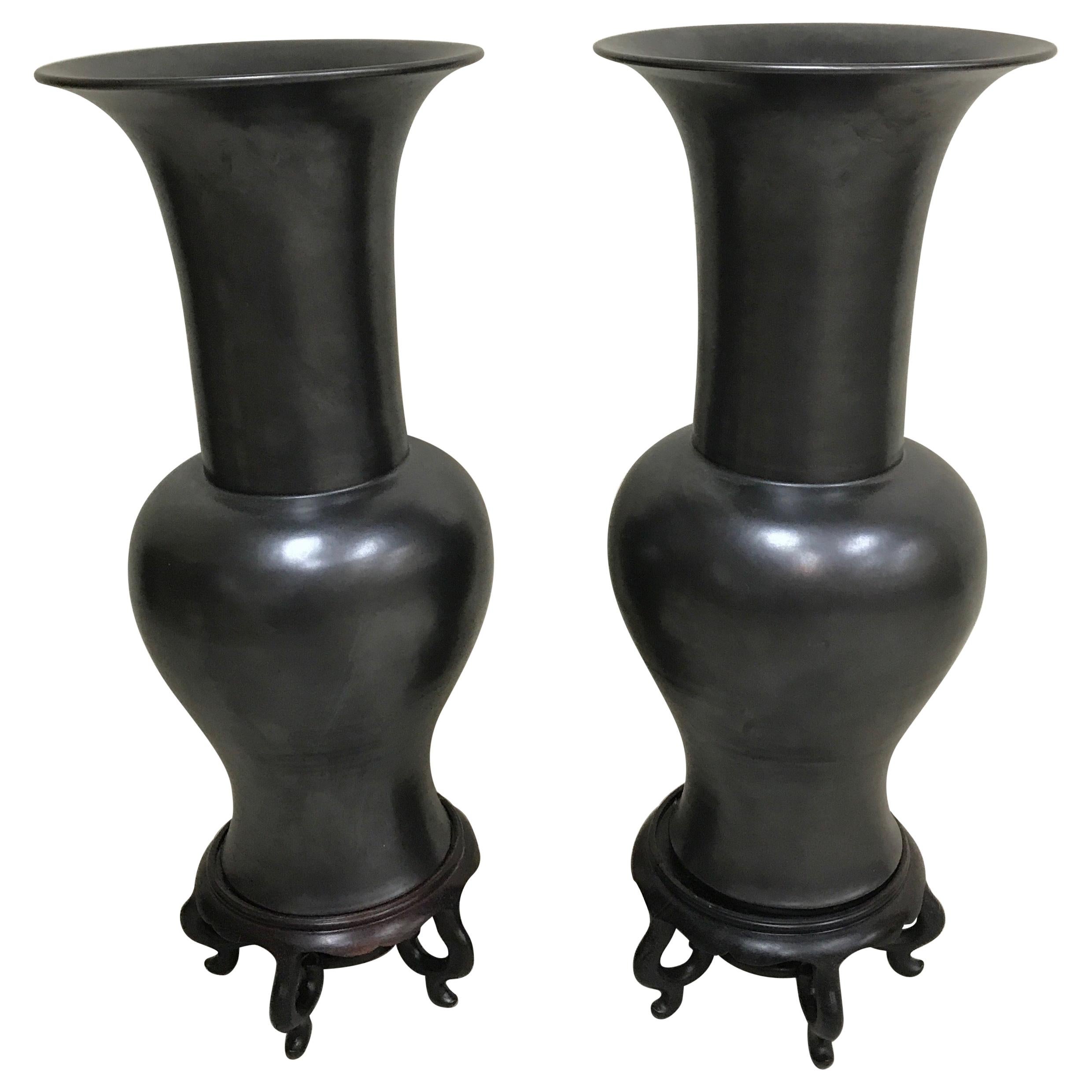 Pair of Black Basalt Temple Vases on Wood Stands For Sale