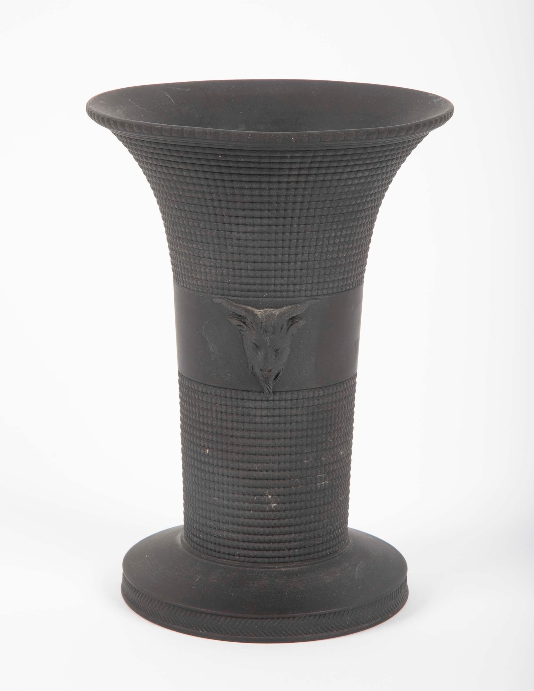 Pair of Black Basalt Wedgwood Textured Vases with Rams Heads 3