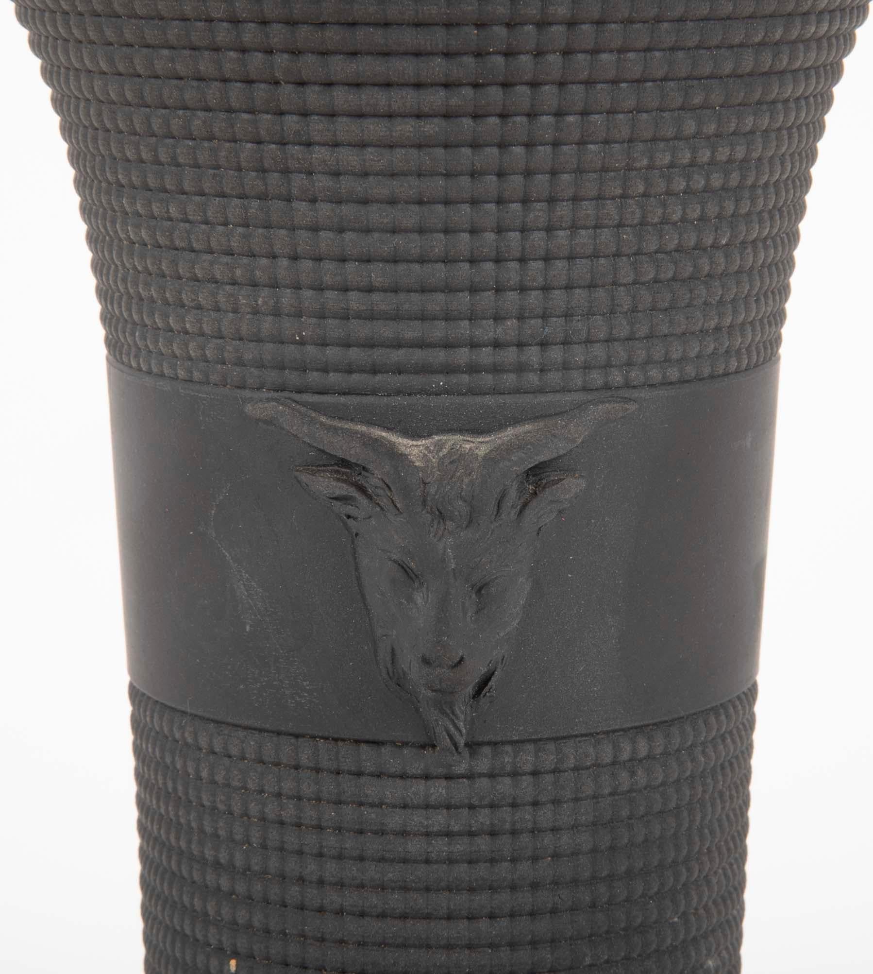 Pair of Black Basalt Wedgwood Textured Vases with Rams Heads 4