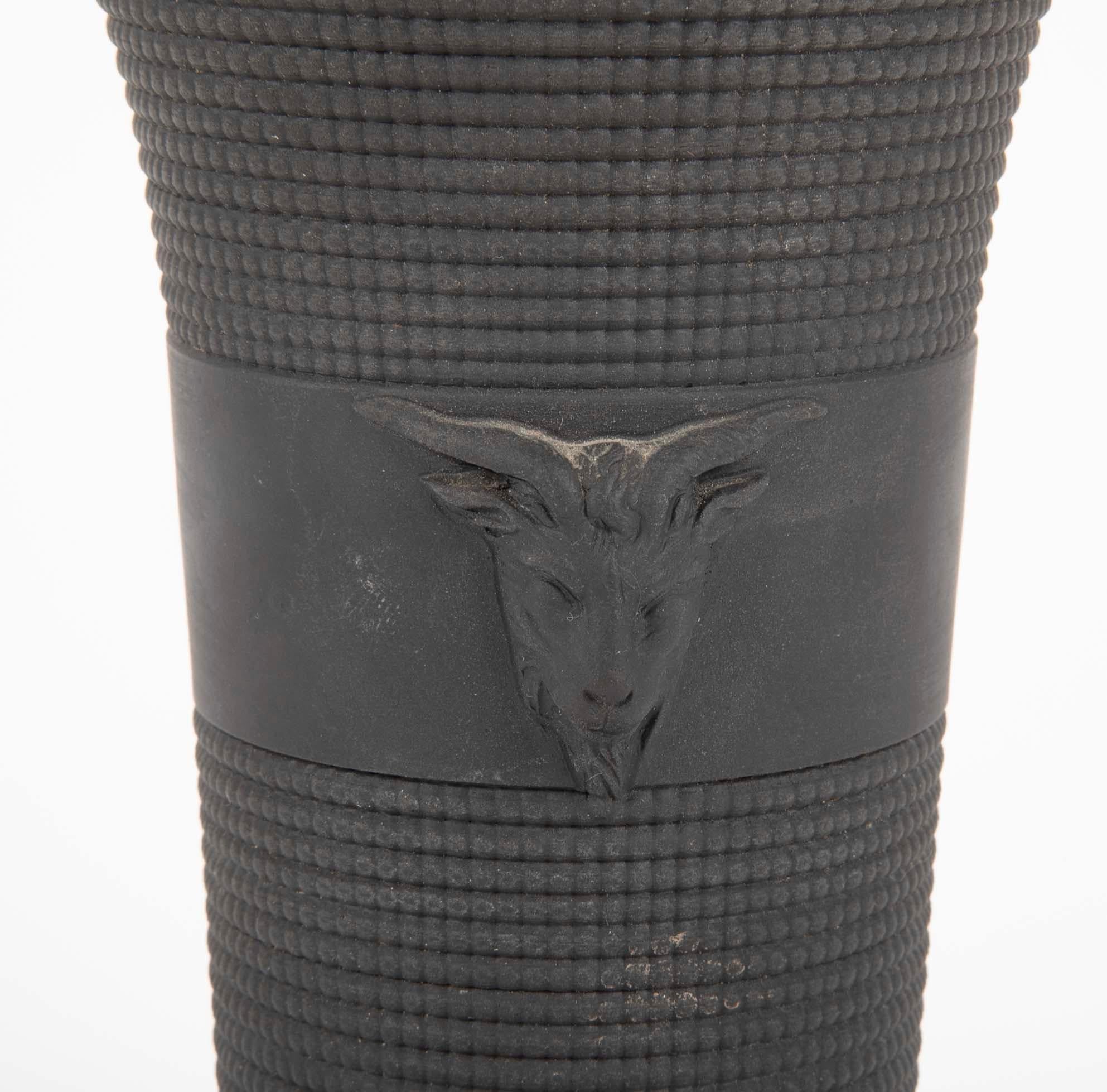 Pair of Black Basalt Wedgwood Textured Vases with Rams Heads 6