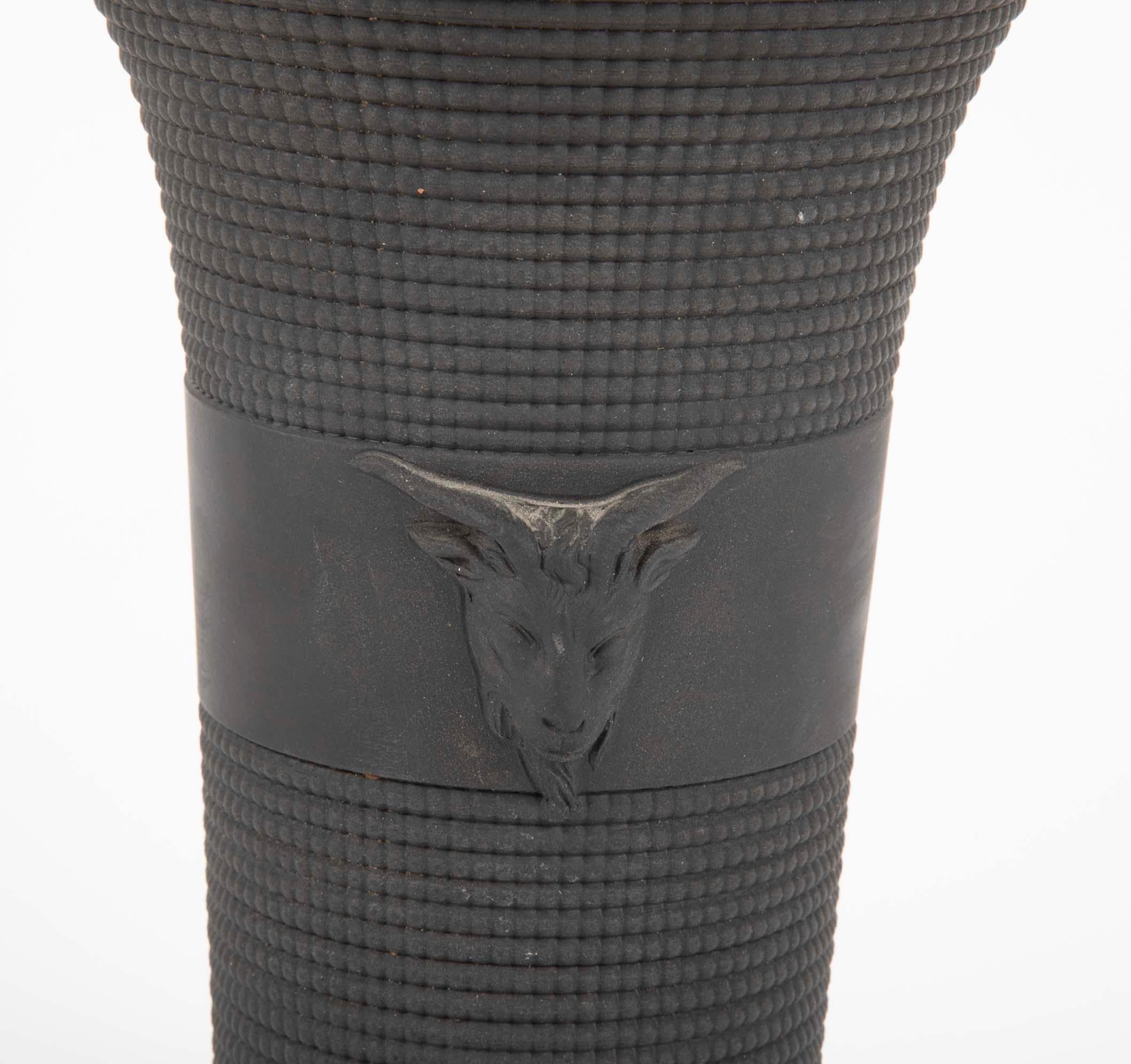 Pair of Black Basalt Wedgwood Textured Vases with Rams Heads 8