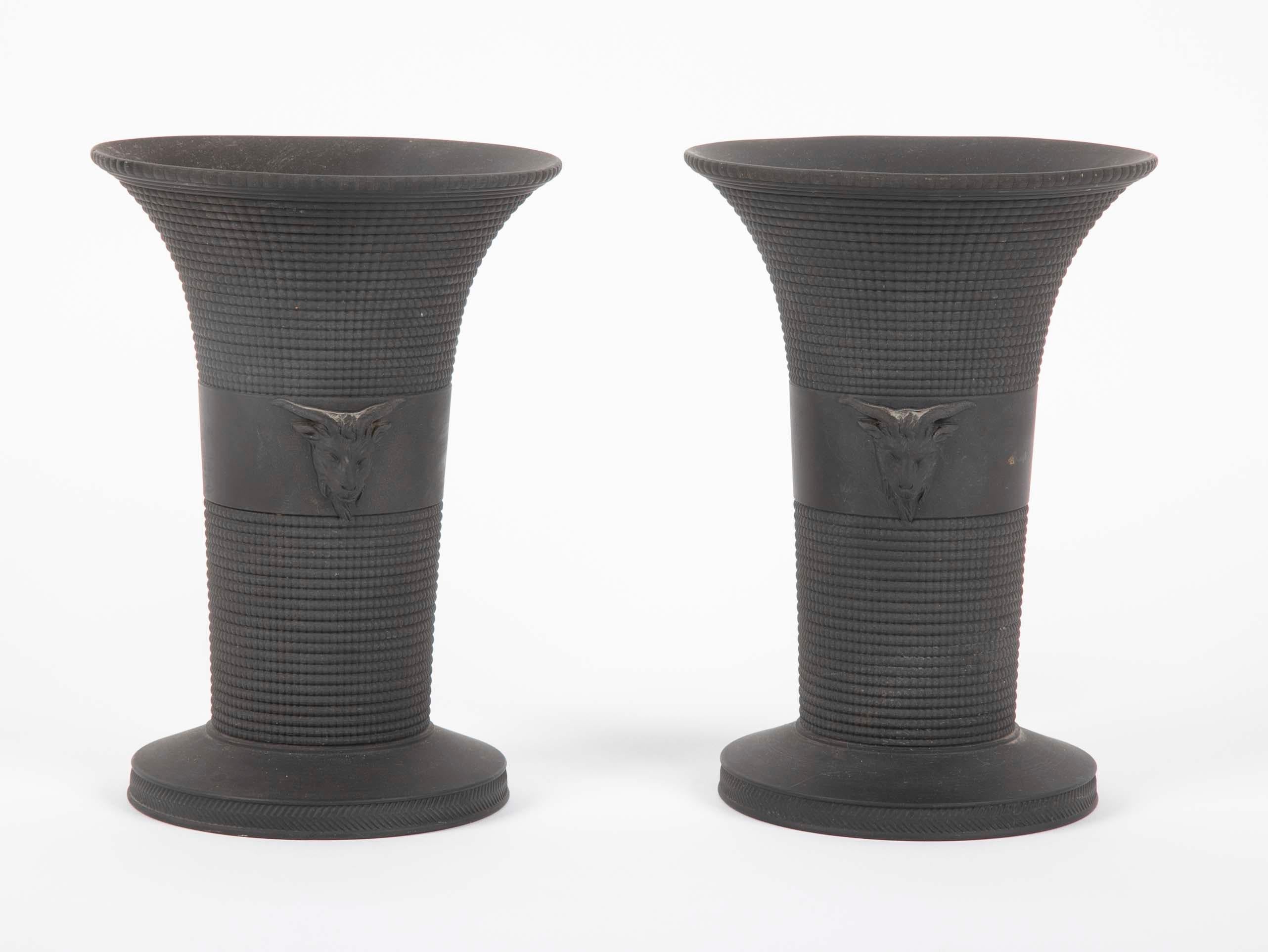 Greek Revival Pair of Black Basalt Wedgwood Textured Vases with Rams Heads