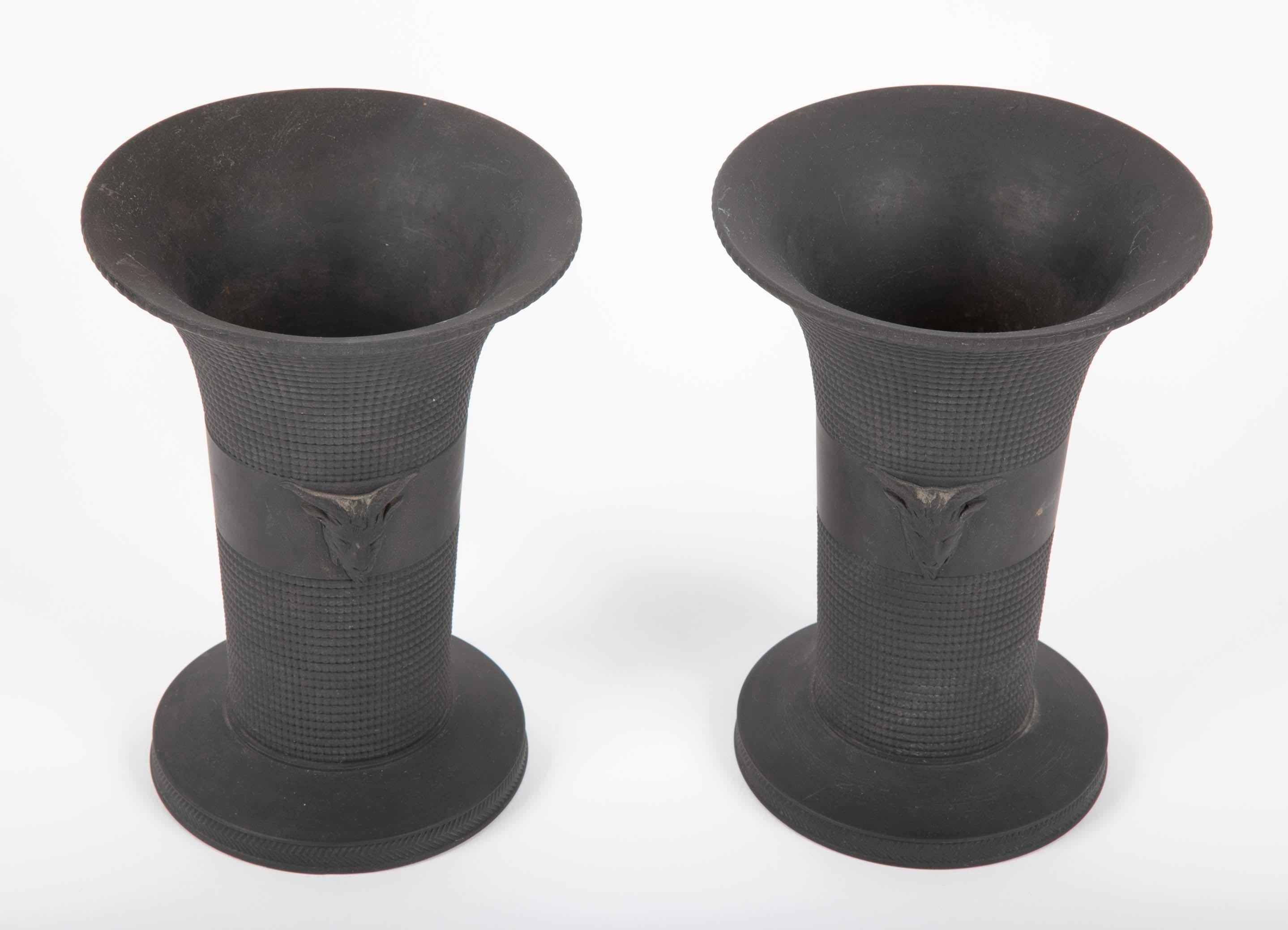 English Pair of Black Basalt Wedgwood Textured Vases with Rams Heads
