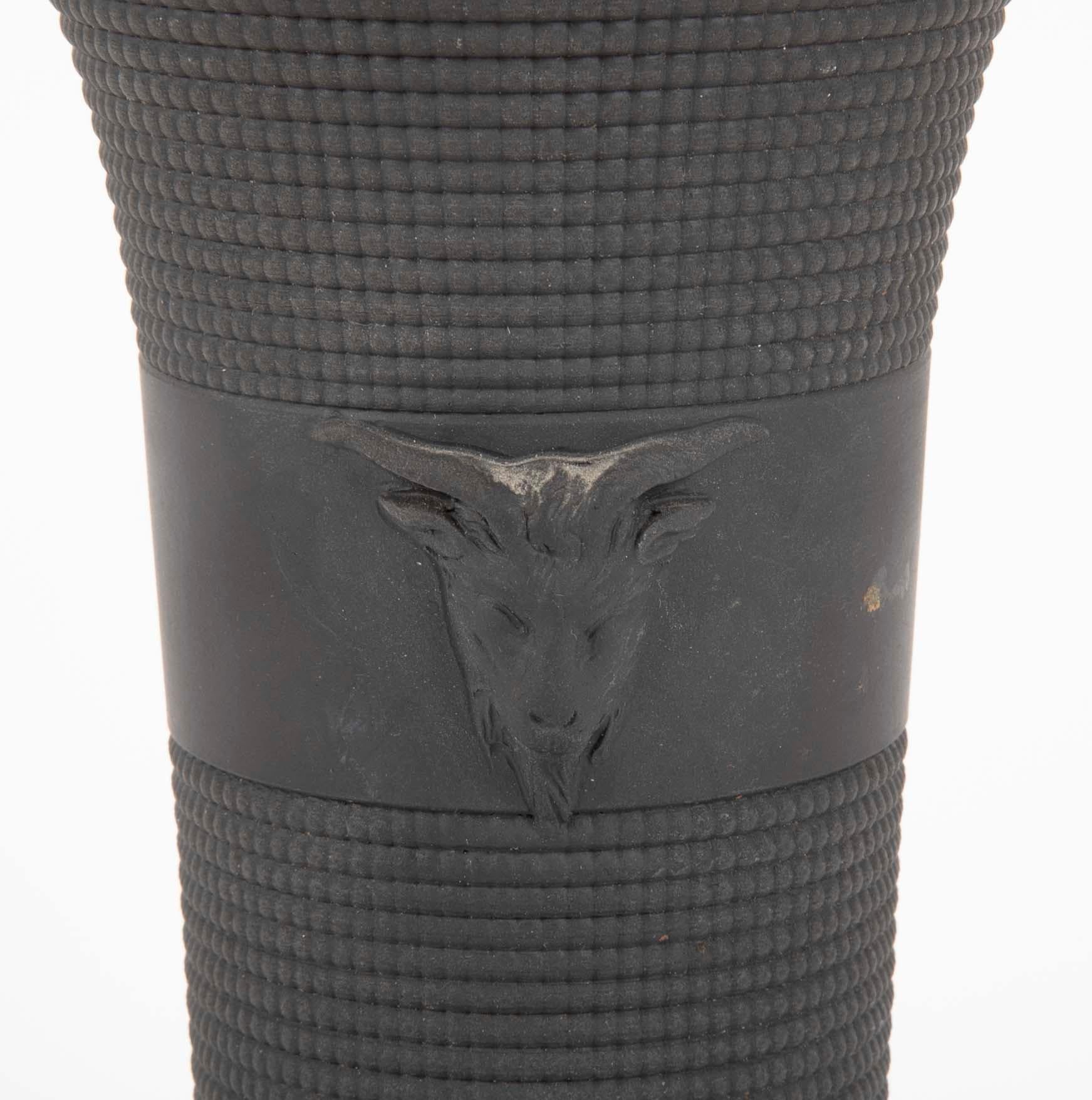 Ceramic Pair of Black Basalt Wedgwood Textured Vases with Rams Heads