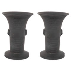 Pair of Black Basalt Wedgwood Textured Vases with Rams Heads