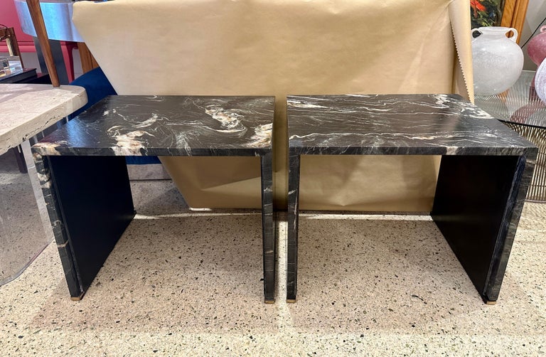 Pair of Black Belgian Marble Clad Waterfall Design End Tables/ Side Tables For Sale at 1stDibs