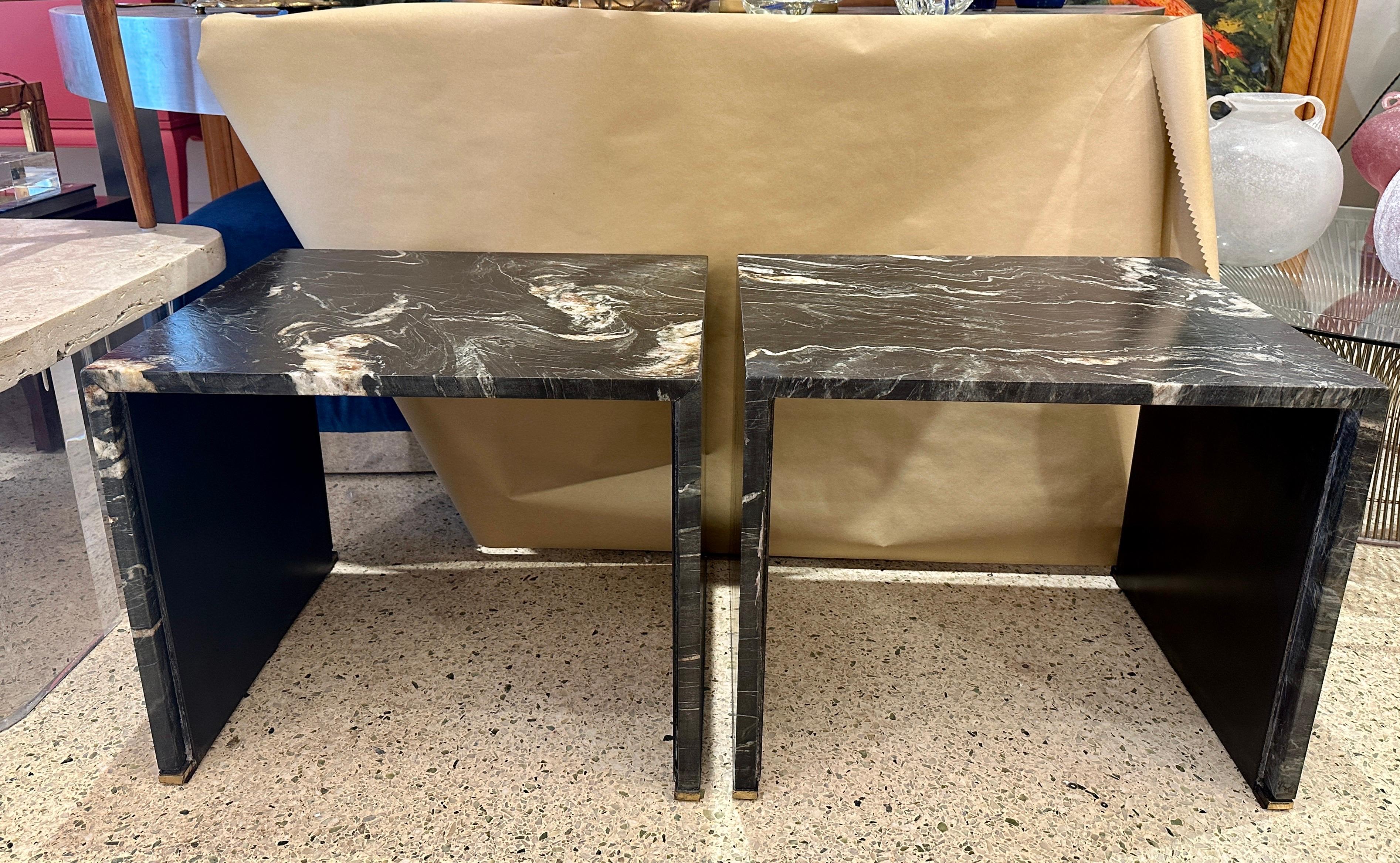 Pair of Black Belgian Marble Clad Waterfall Design End Tables / Side Tables In Good Condition For Sale In East Hampton, NY