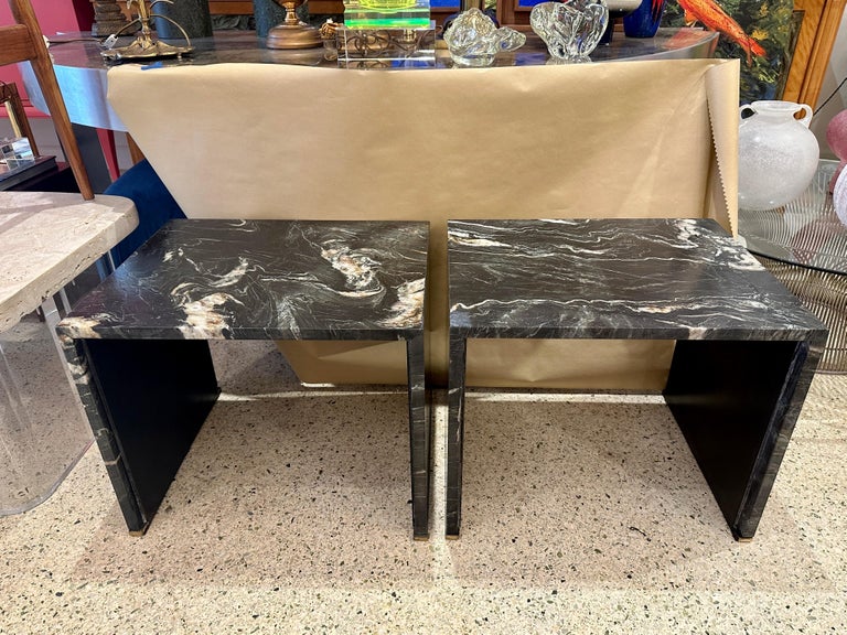 Pair of Black Belgian Marble Clad Waterfall Design End Tables/ Side Tables For Sale at 1stDibs