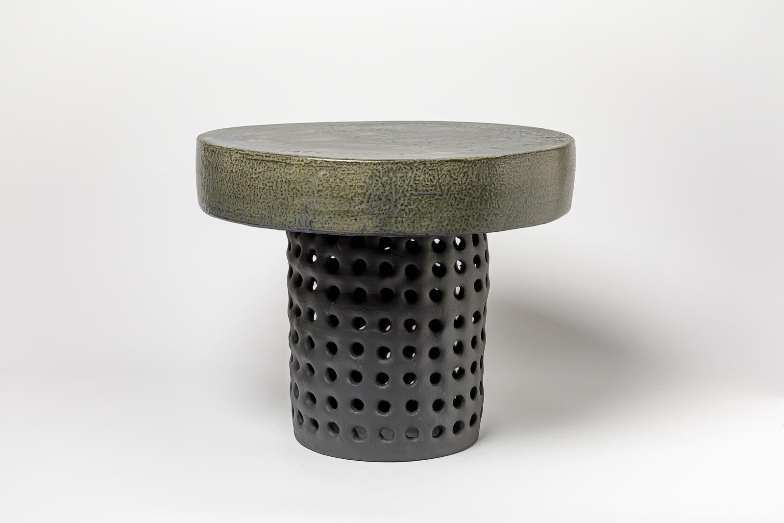 Pair of black/blue and grey/green glazed ceramic stool or coffee table 3
