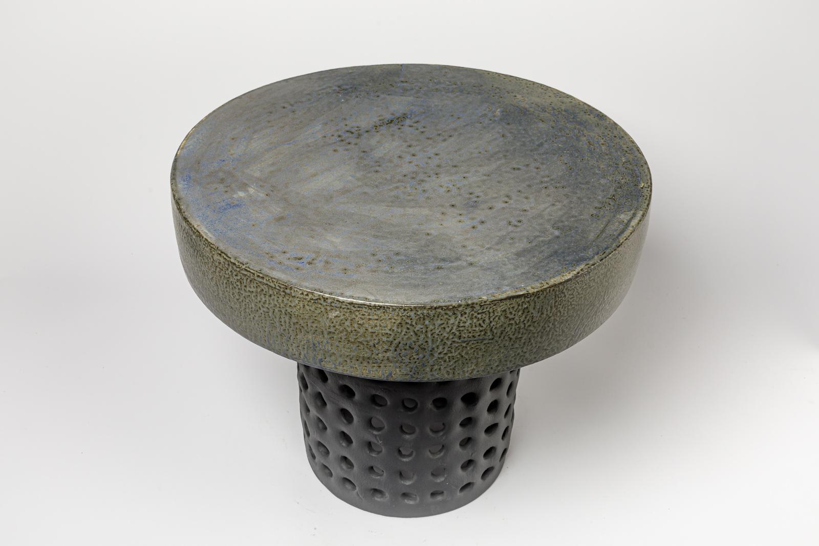 Pair of black/blue and grey/green glazed ceramic stool or coffee table 4
