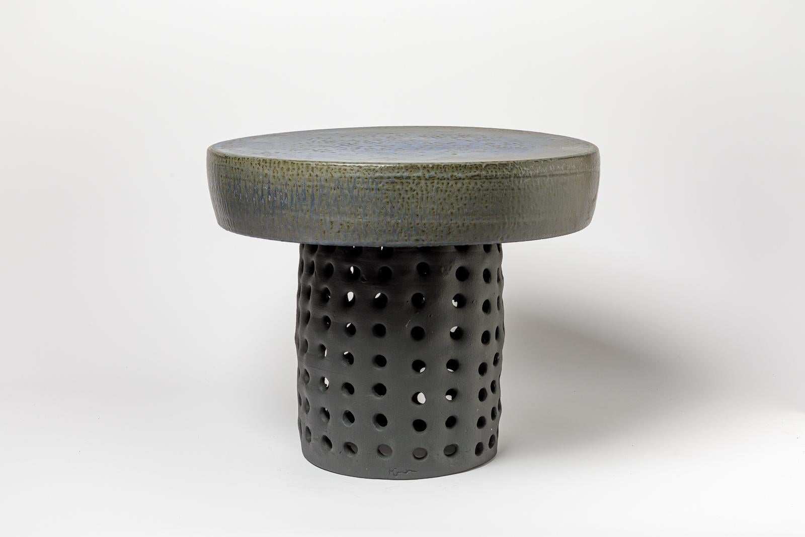 Pair of black/blue and grey/green glazed ceramic stool or coffee table In New Condition In Saint-Ouen, FR