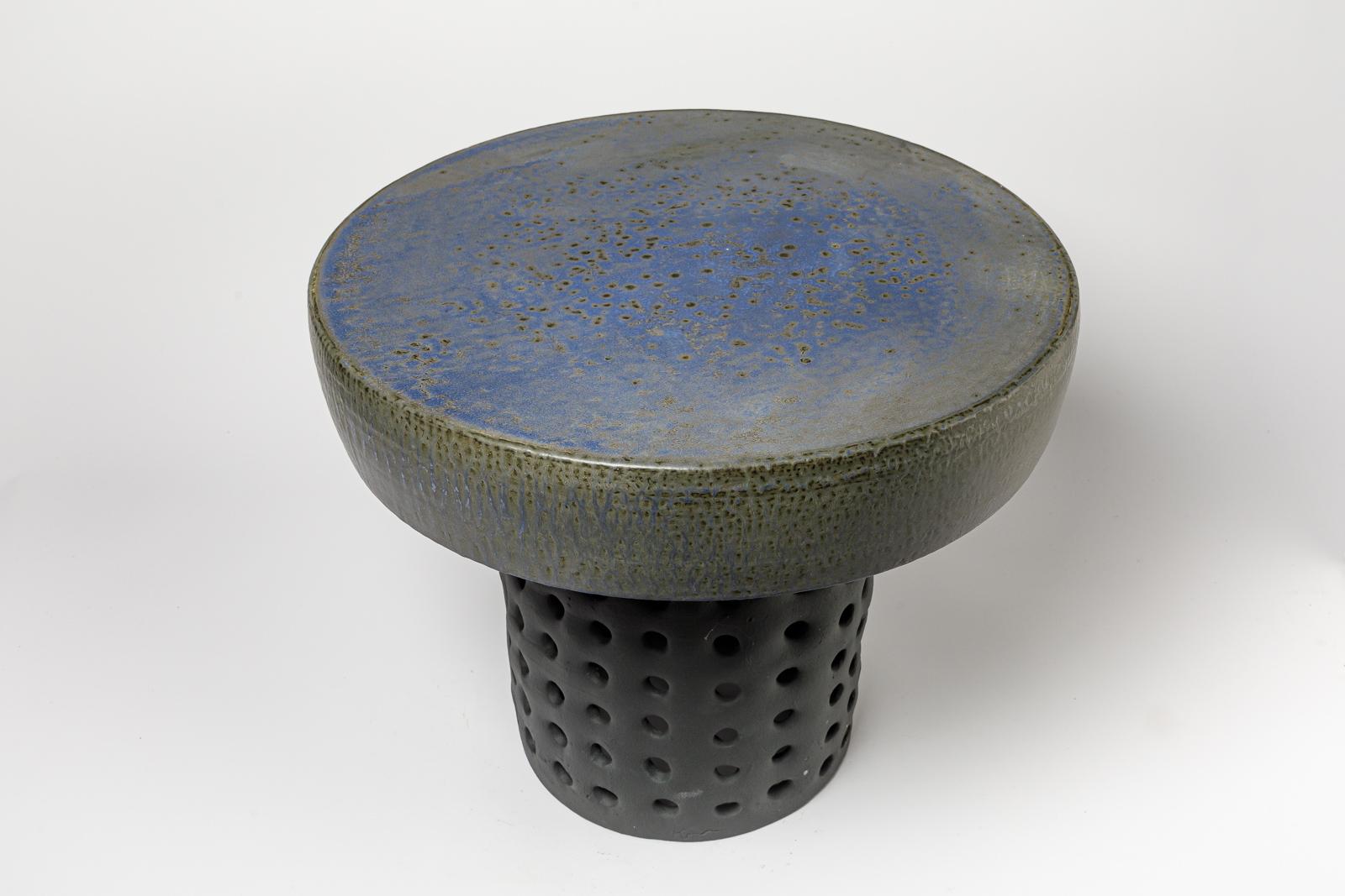 Contemporary Pair of black/blue and grey/green glazed ceramic stool or coffee table