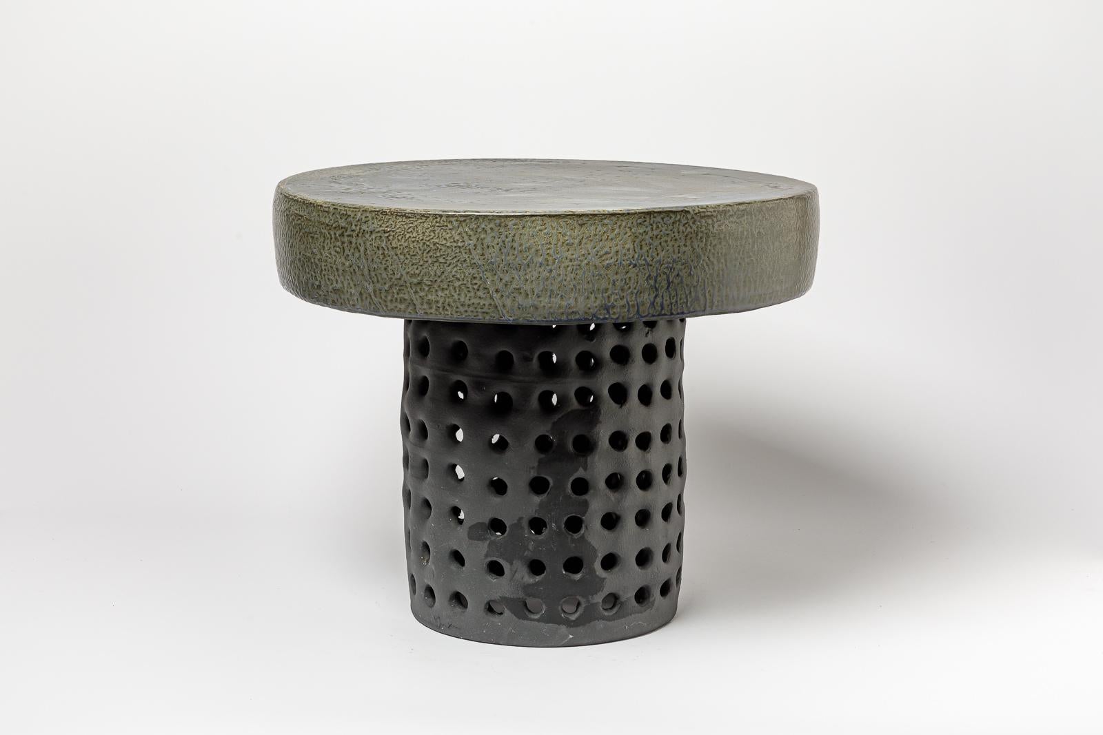 Pair of black/blue and grey/green glazed ceramic stool or coffee table 1