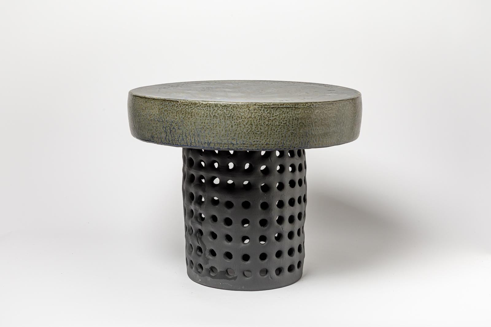 Pair of black/blue and grey/green glazed ceramic stool or coffee table 2