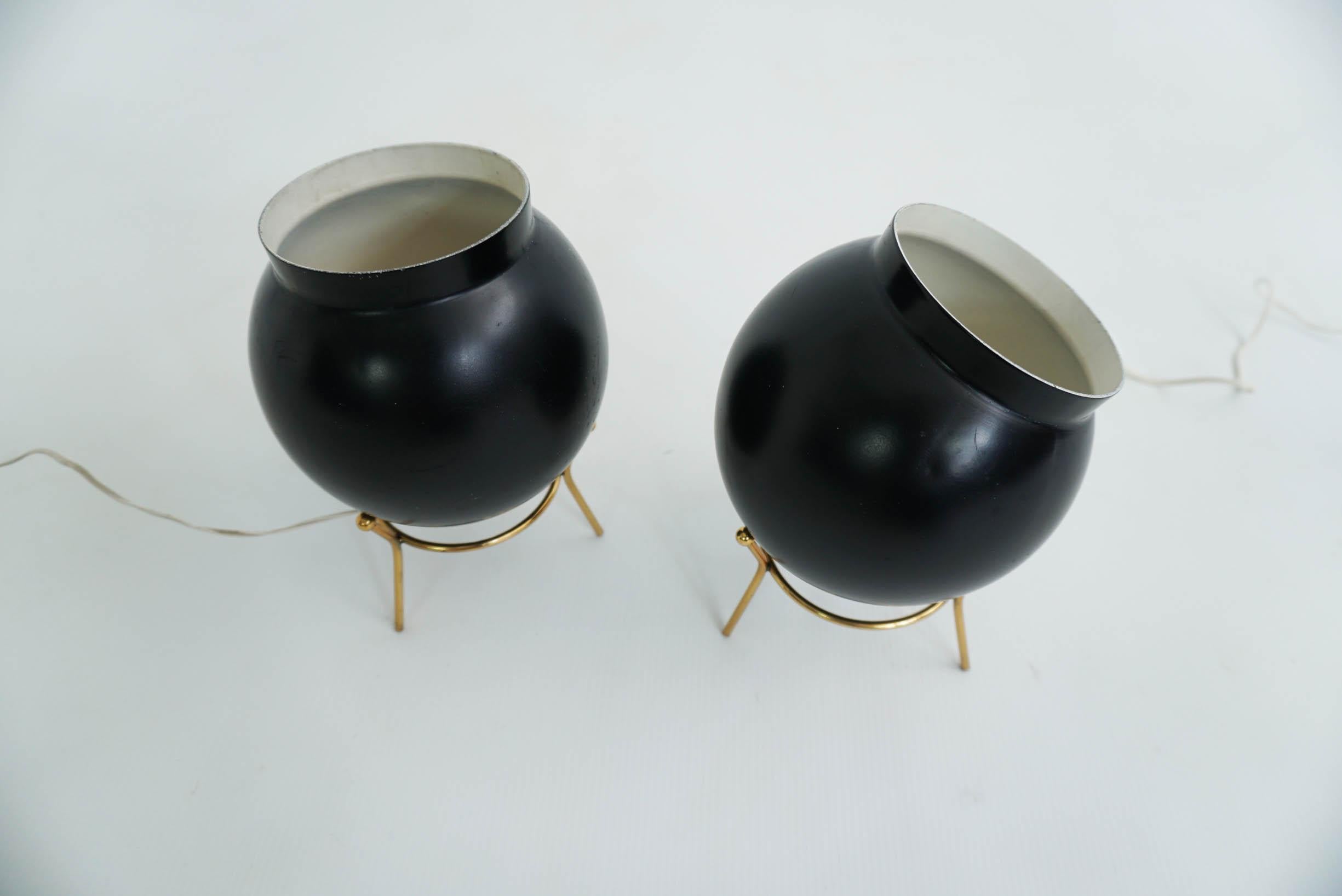 Lacquered Pair of Black Bomb Table Lamps by Gilardi & Barzaghi, Italy, 1950