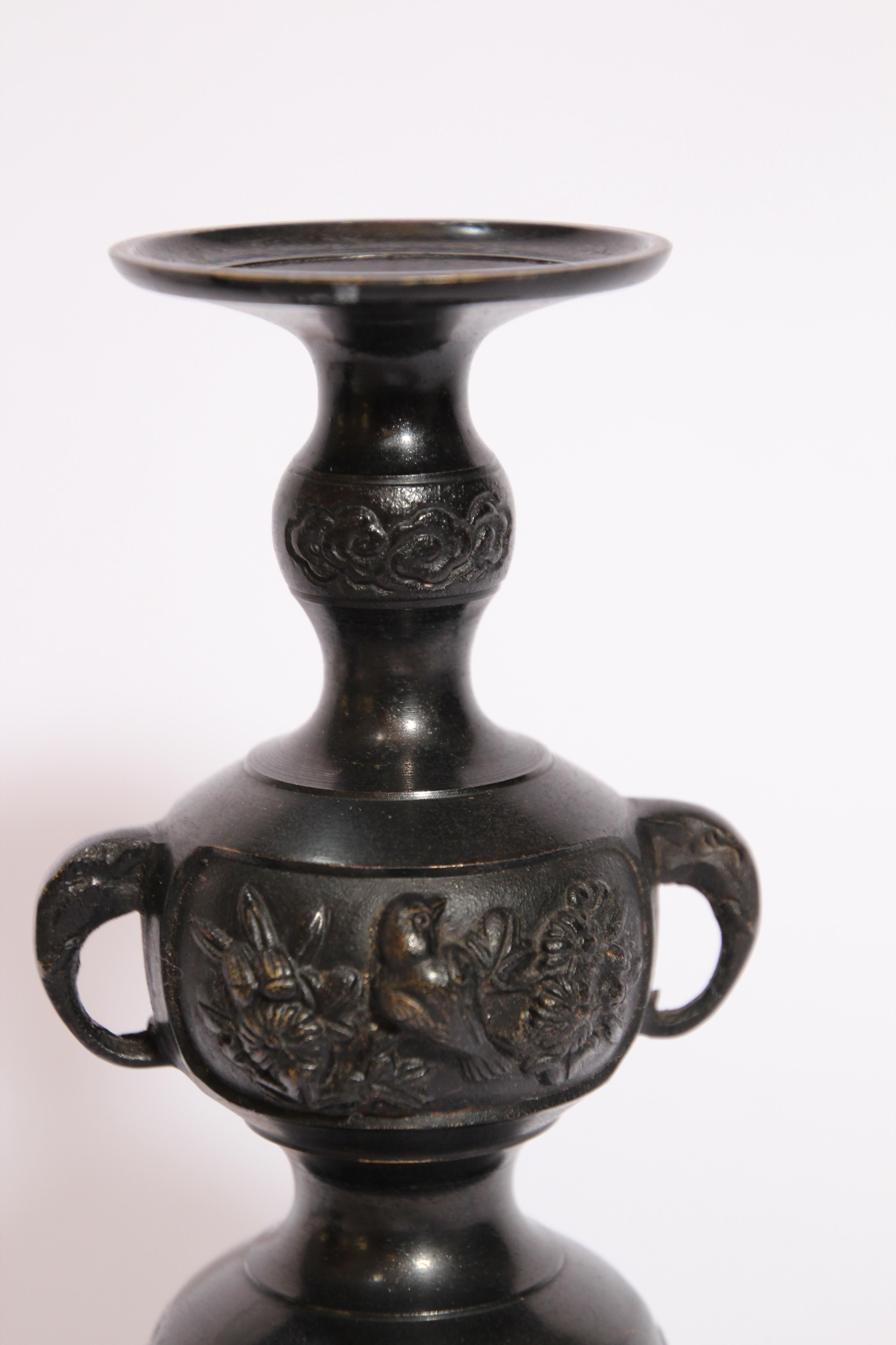 Pair of Black Bronze Japanese Candleholders Incense Burner For Sale 1