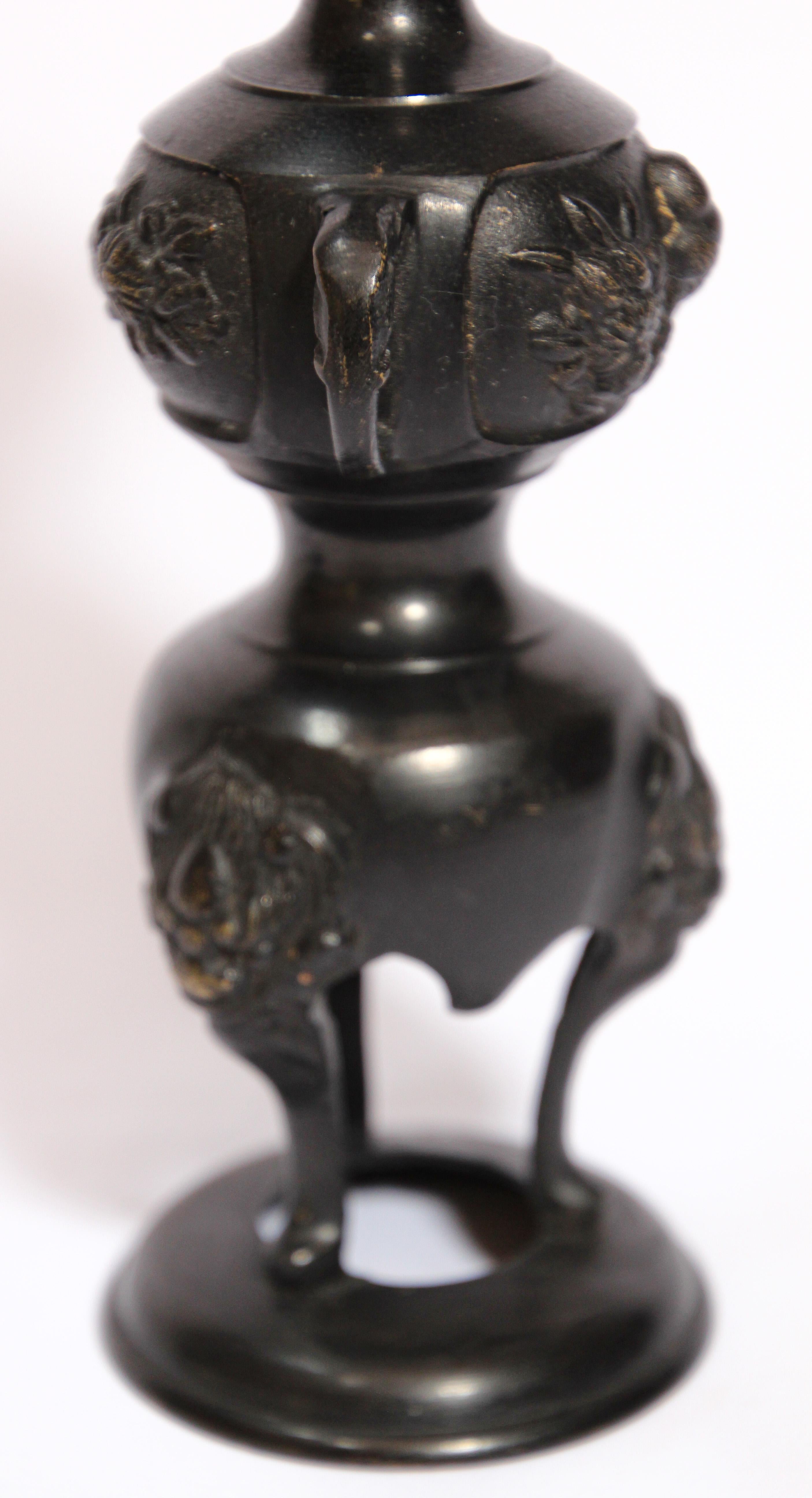 Pair of Black Bronze Japanese Candleholders Incense Burner For Sale 2