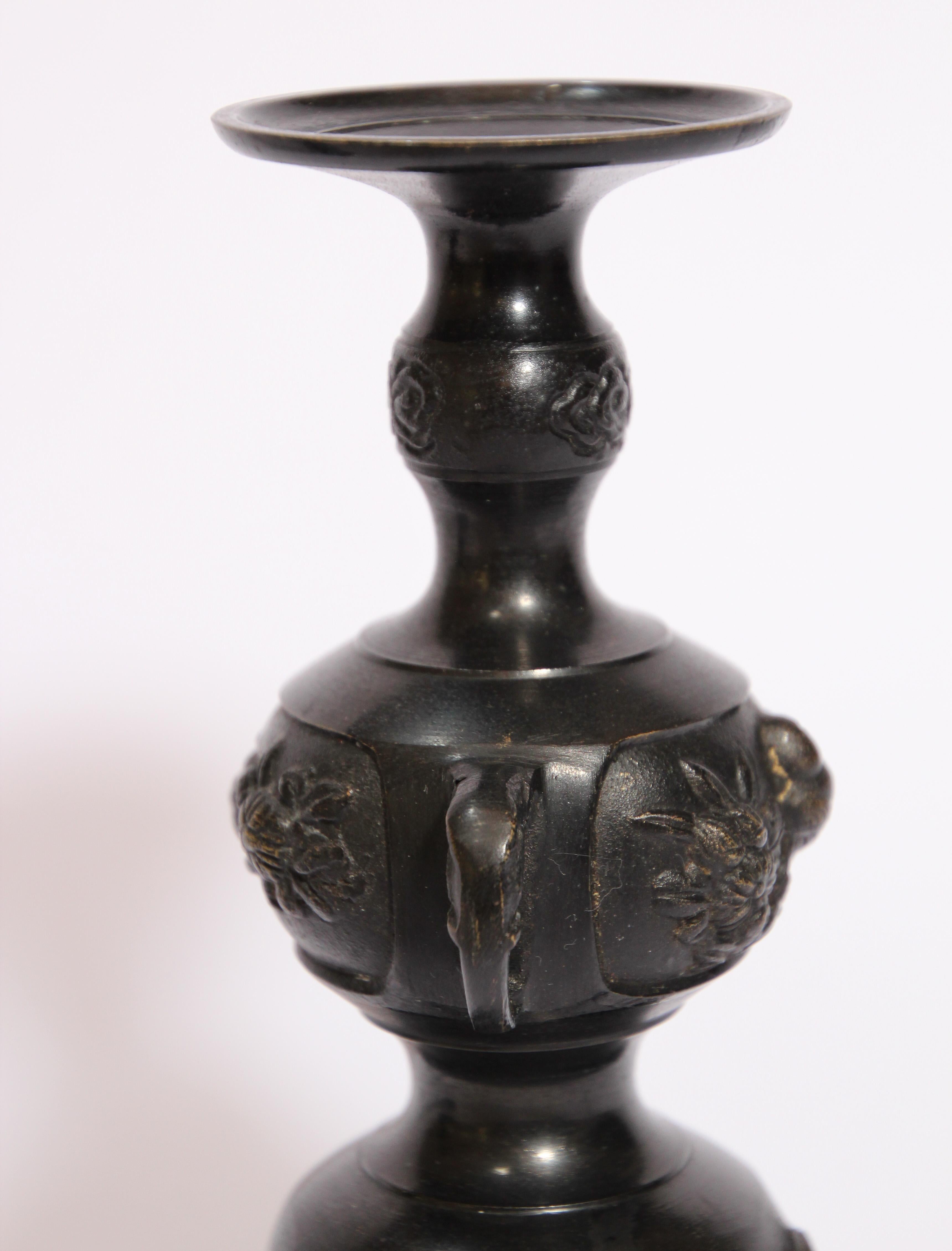 Pair of Black Bronze Japanese Candleholders Incense Burner For Sale 3