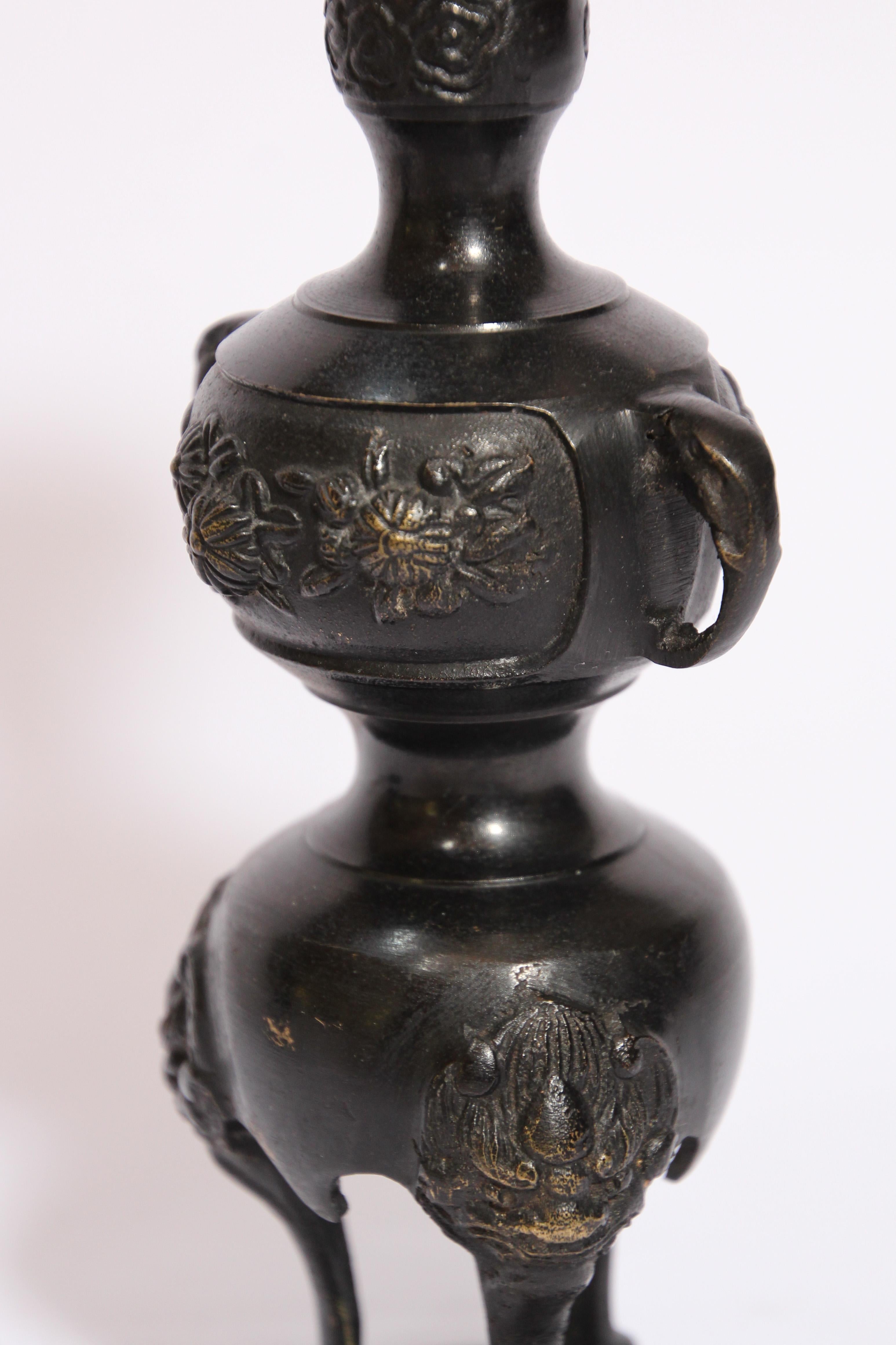 Pair of Black Bronze Japanese Candleholders Incense Burner For Sale 4