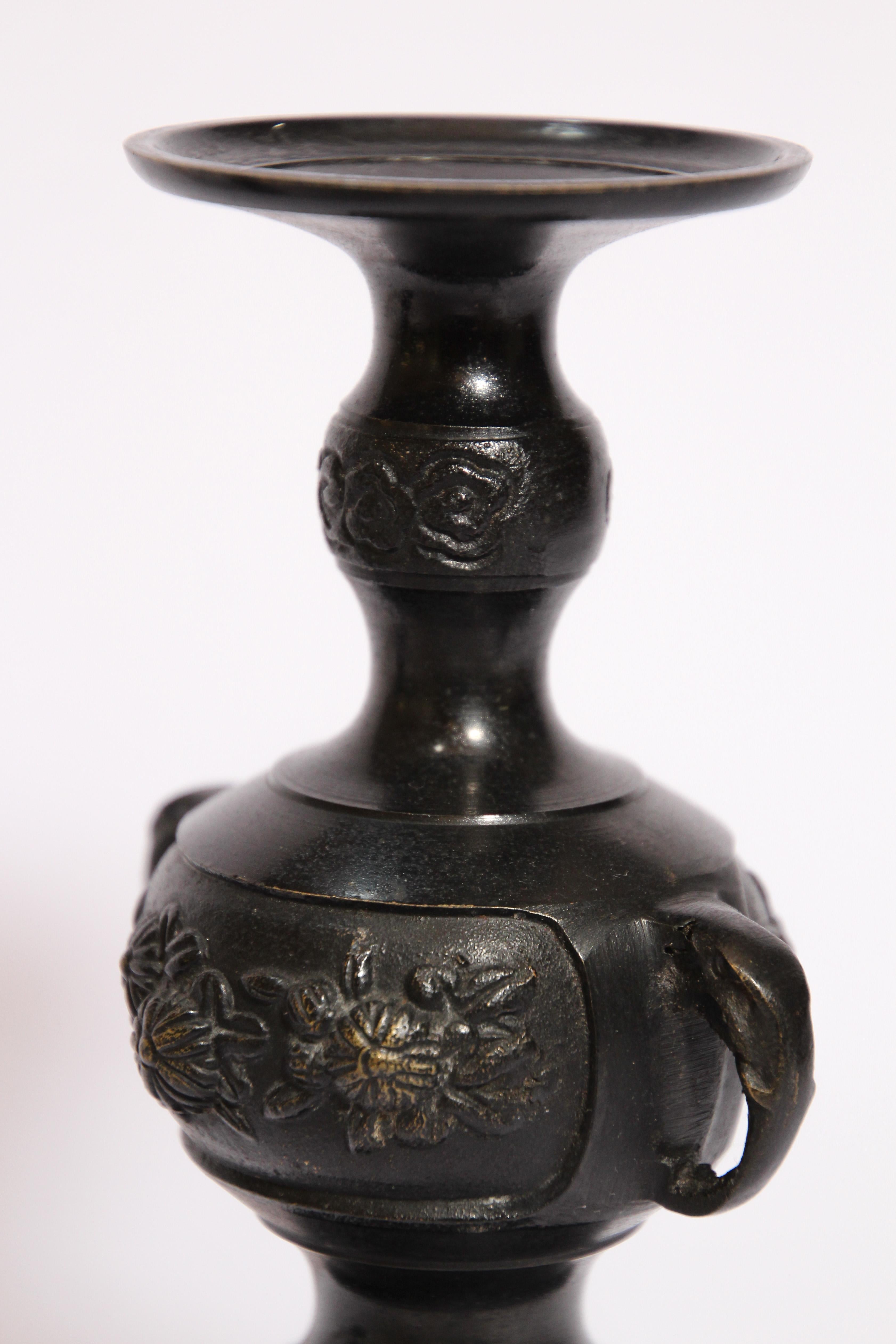 Pair of Black Bronze Japanese Candleholders Incense Burner For Sale 5