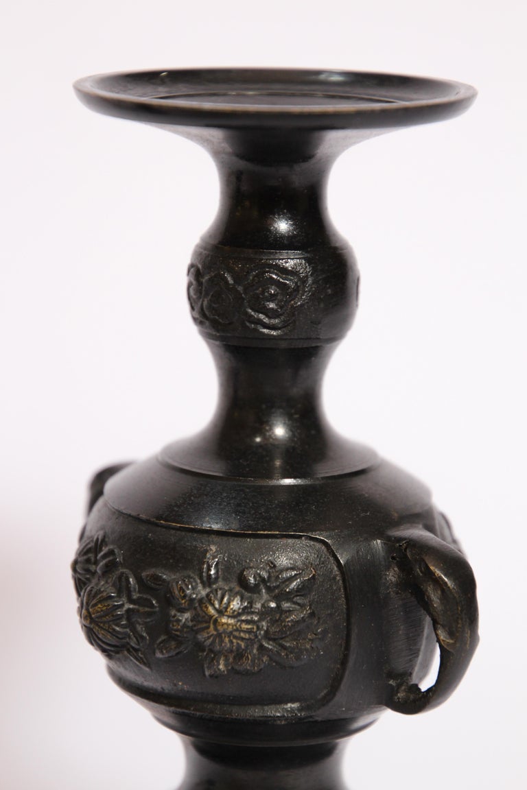Pair of Black Bronze Japanese Candleholders Incense Burner For Sale at