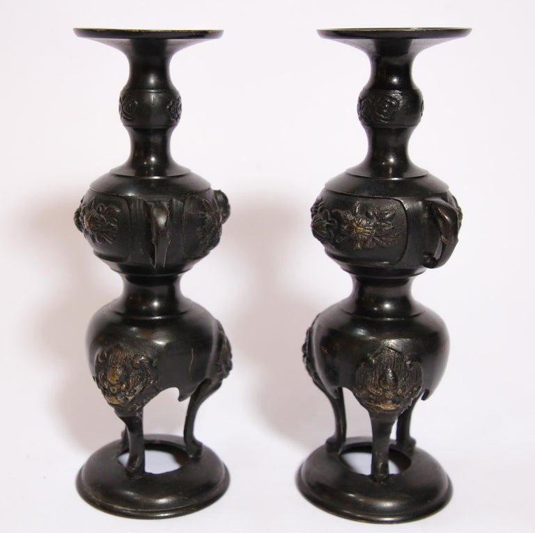 Pair of Black Bronze Japanese Candleholders Incense Burner For Sale at