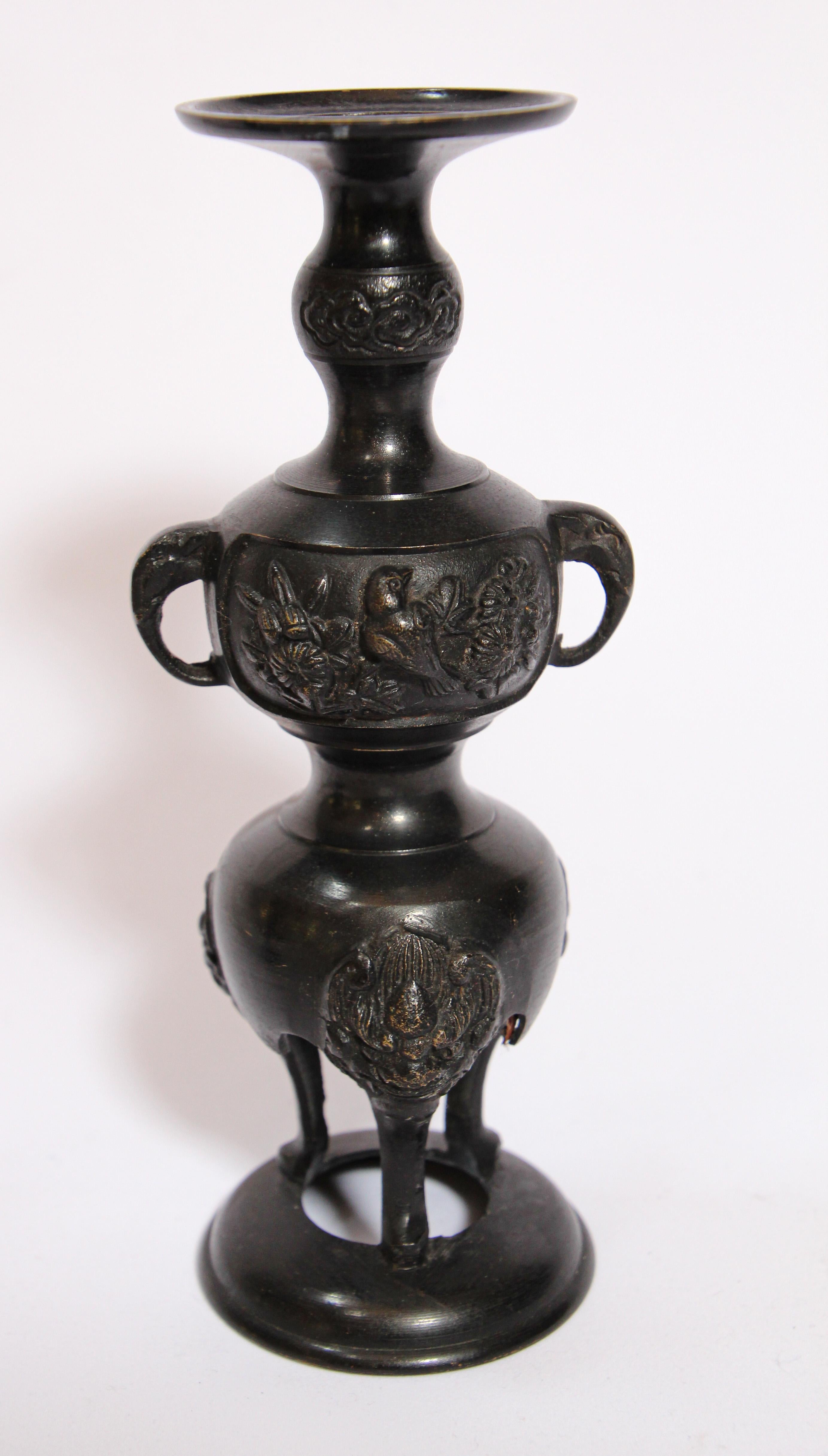 Meiji Pair of Black Bronze Japanese Candleholders Incense Burner For Sale